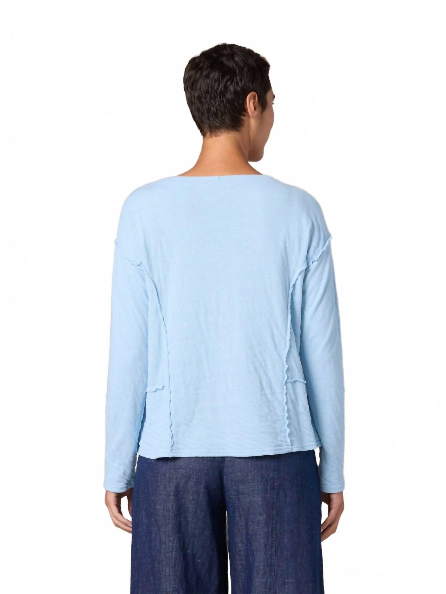 Long Sleeve Raw Edge Top In Bellflower