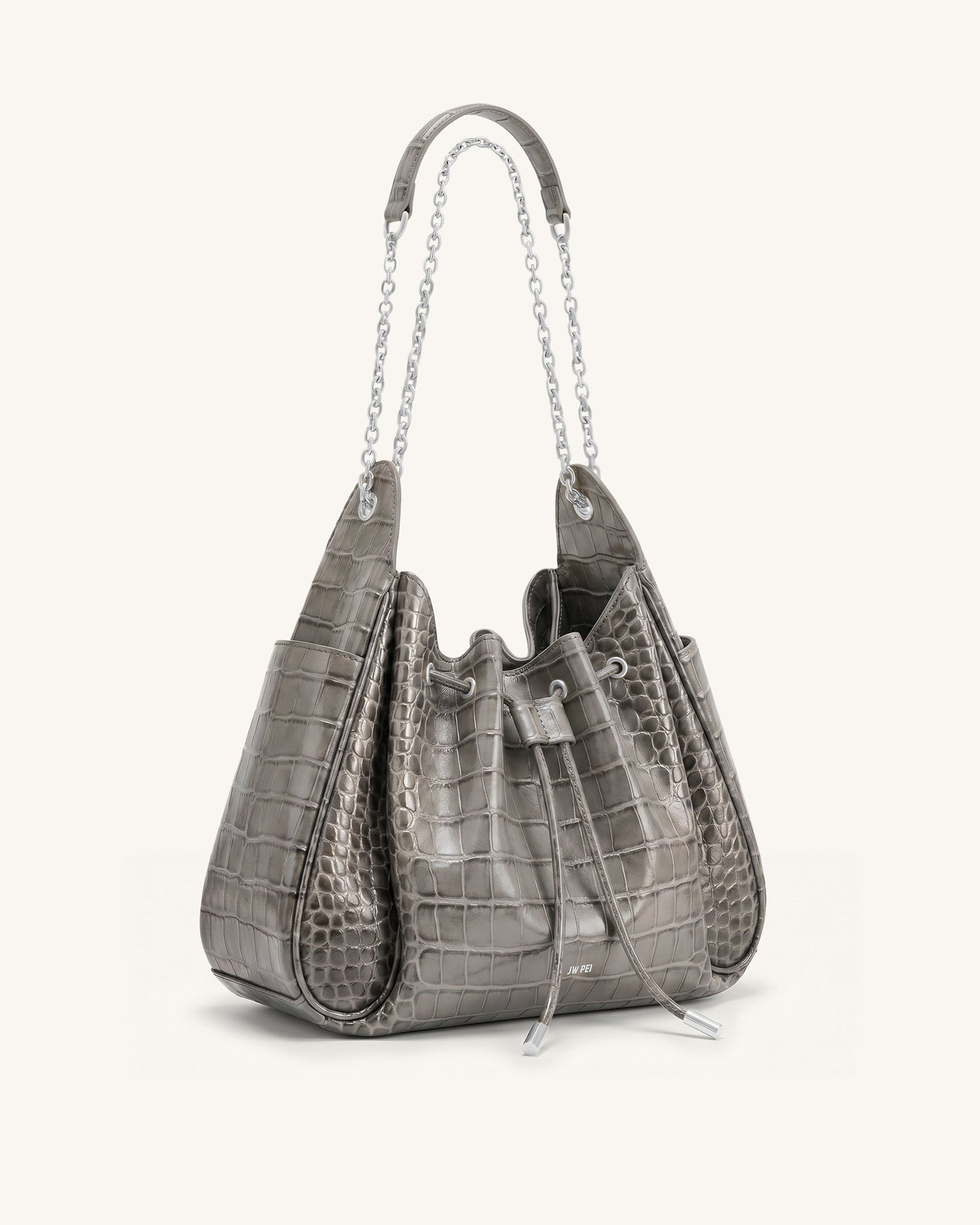 Rowan Ruched Drawstring Chain Bucket Bag - Grey Croc