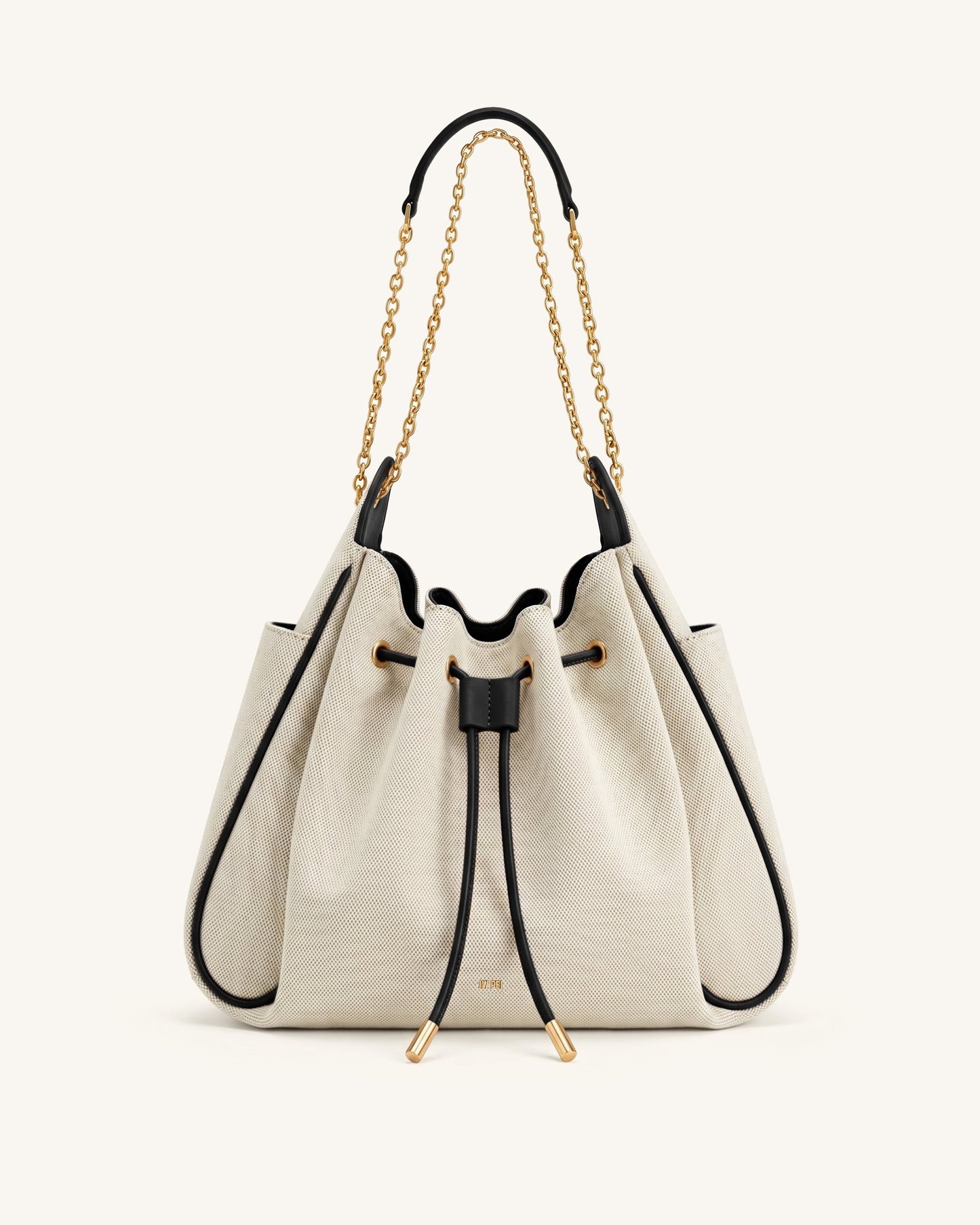 Rowan Ruched Drawstring Chain Bucket Bag - Black Canvas