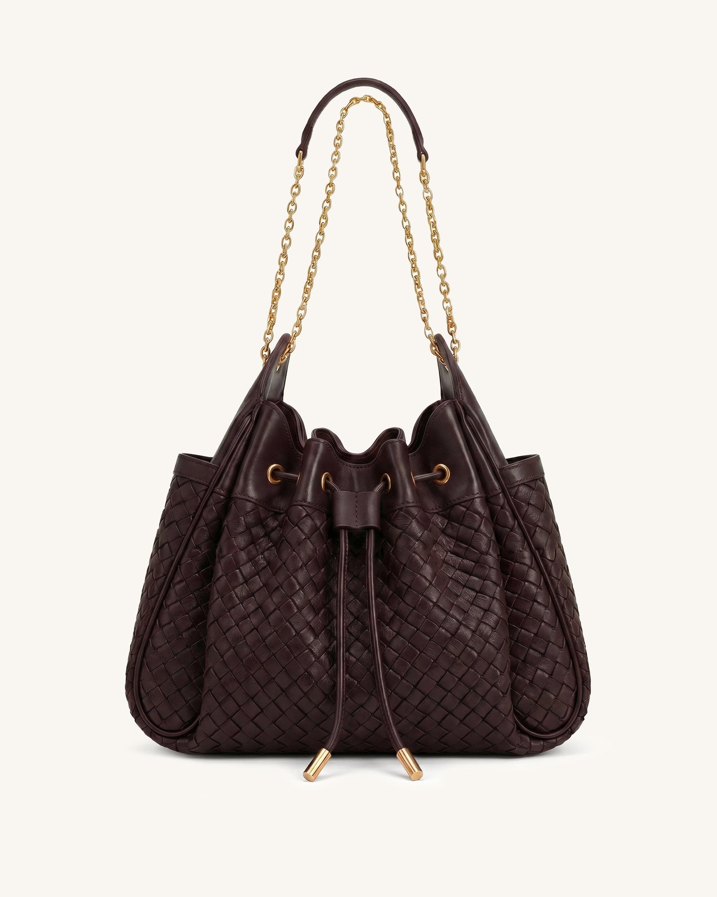 Rowan Weaving Ruched Drawstring Chain Bucket Bag - Dark Cherry