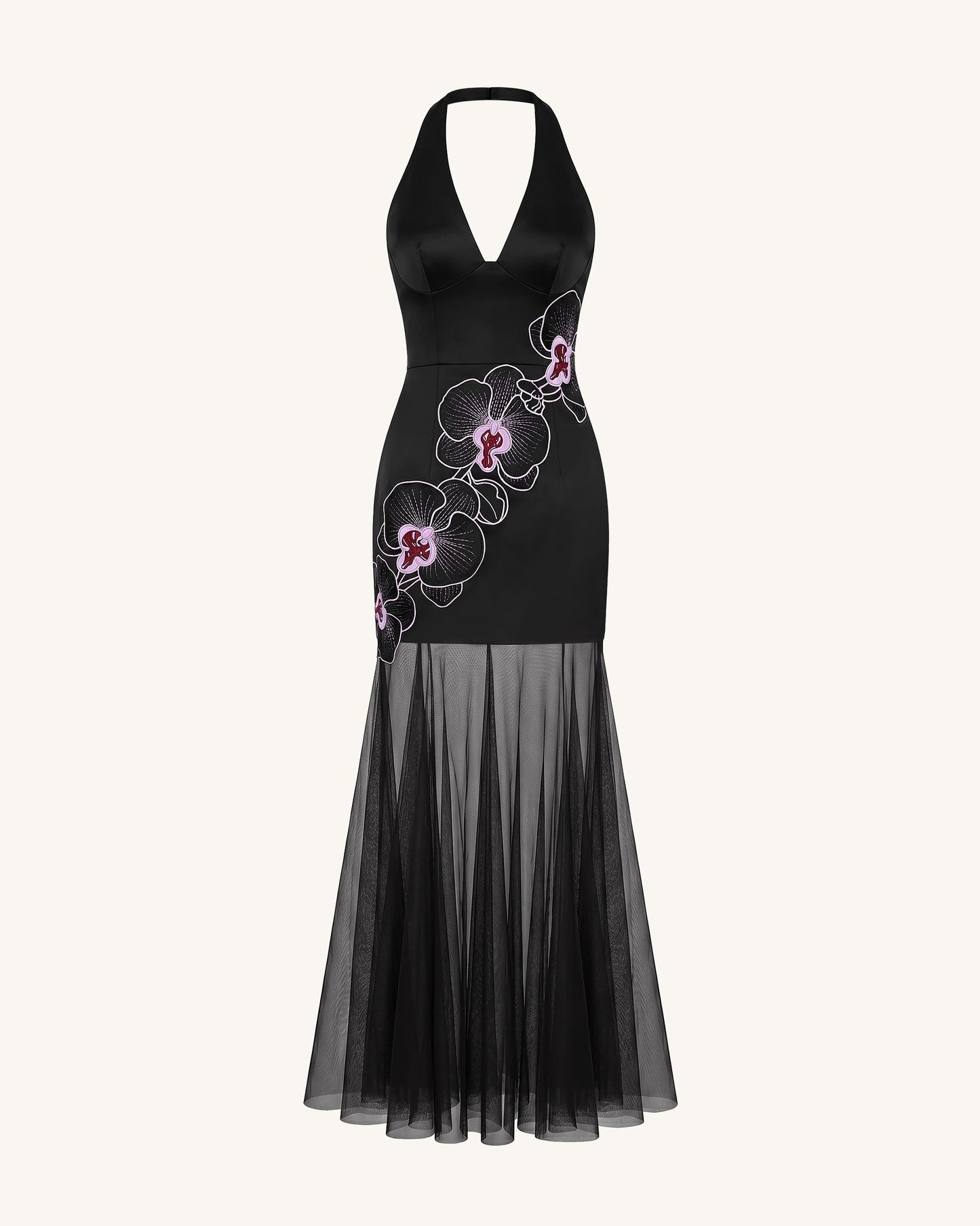 Orchid Embroidered Sheer Hem Halter Maxi Dress- Black Purple