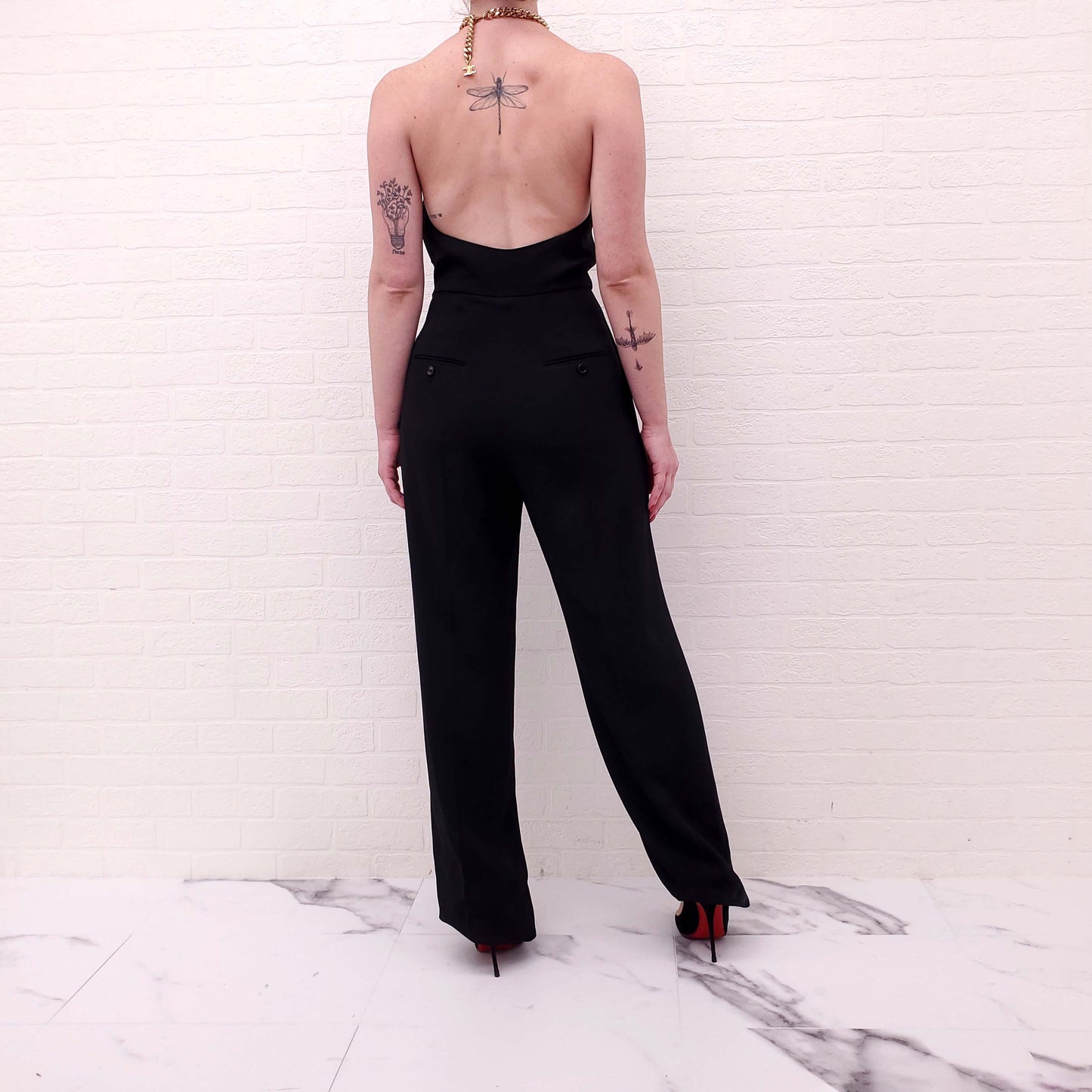 CELINE BLACK JUMPSUIT WITH GOLD CHAIN DETAIL - SIZE 36