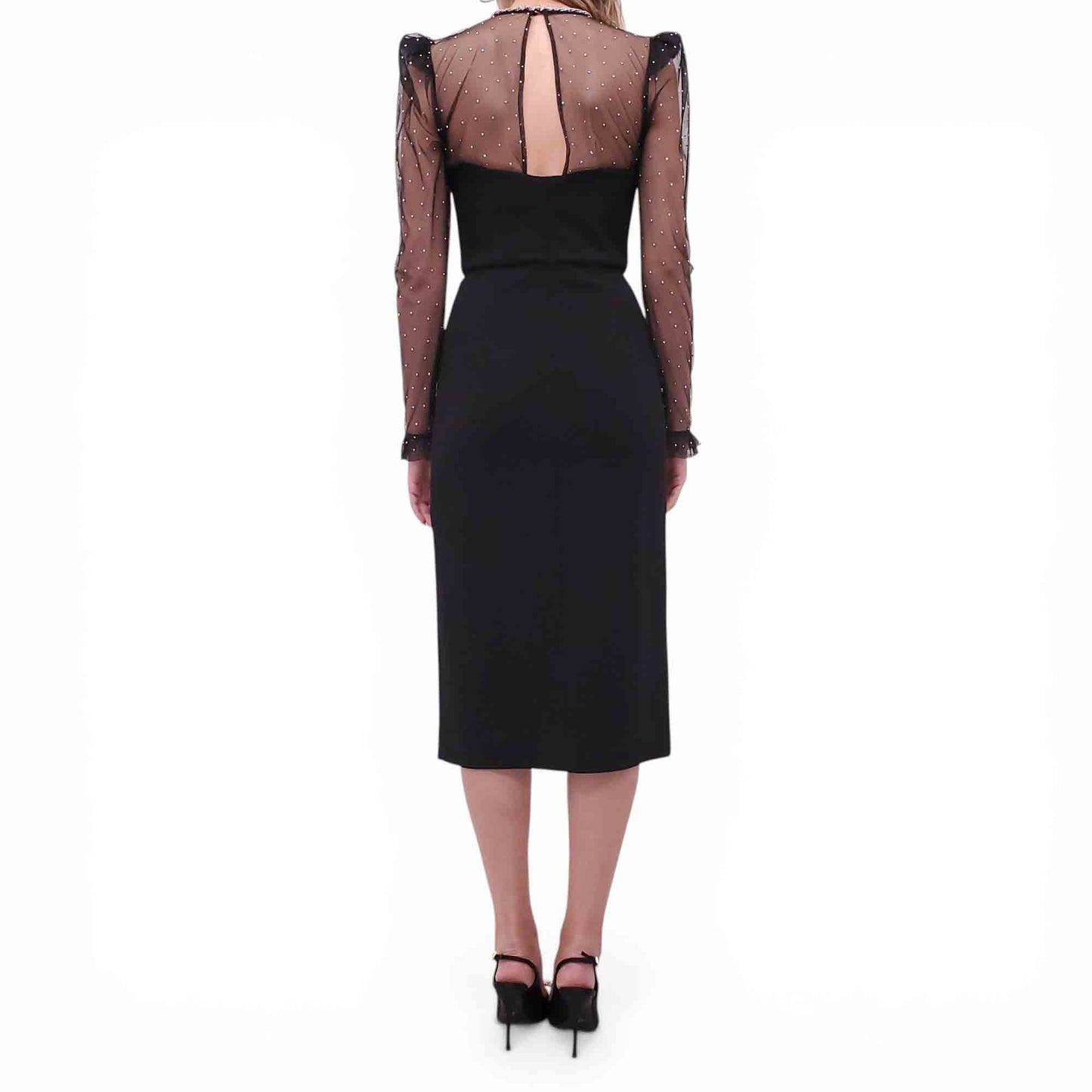 REBECCA VALLANCE BLACK DRESS WITH CRYSTAL NECKLINE AND SHEER POLKA DOT DETAIL - SIZE US 4