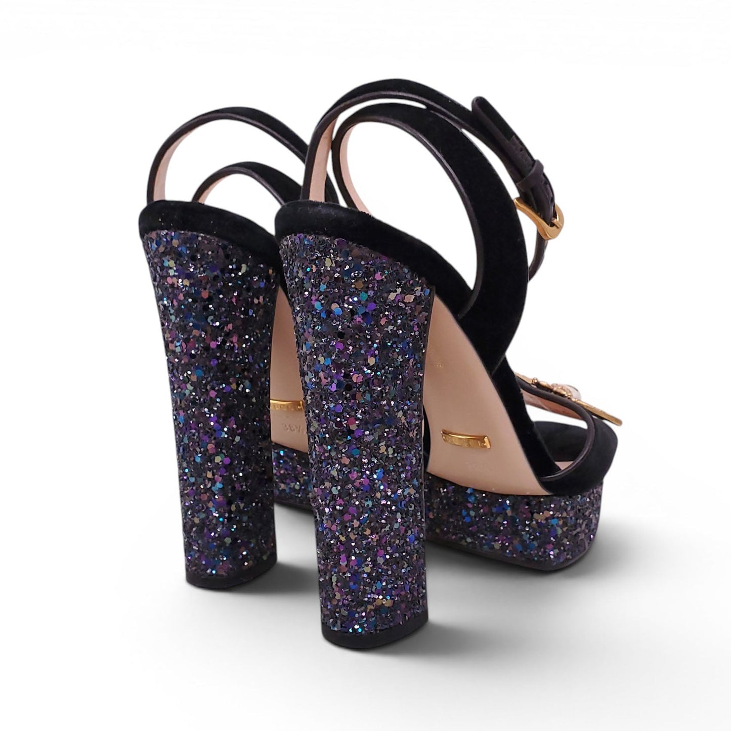 GUCCI BLACK SUEDE PLATFORM HEELS WITH BEE EMBLEM AND GLITTER DETAILS - SIZE 38.5