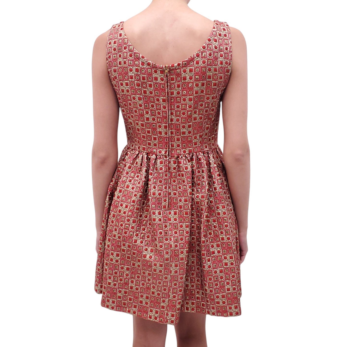 MIU MIU RED AND GOLD PATTERNED A-LINE DRESS - SIZE 44