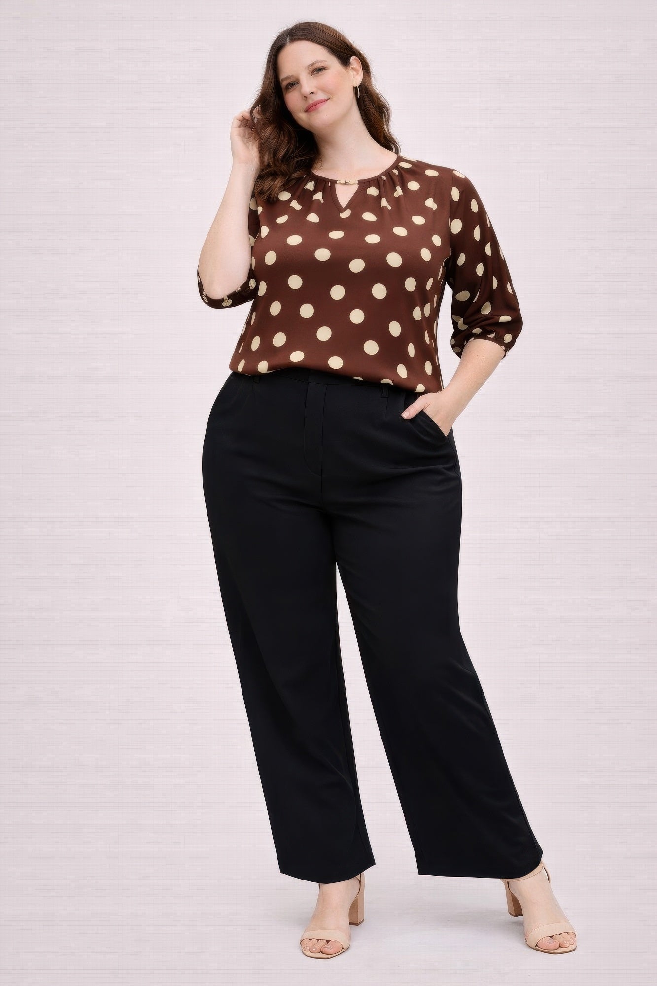 Polka Dot Split-neck Blouse With Puff Sleeves