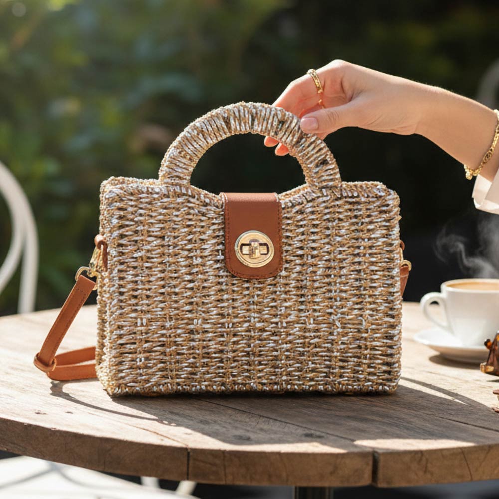 Structured Top Handle Woven Mini Satchel Crossbody Bag