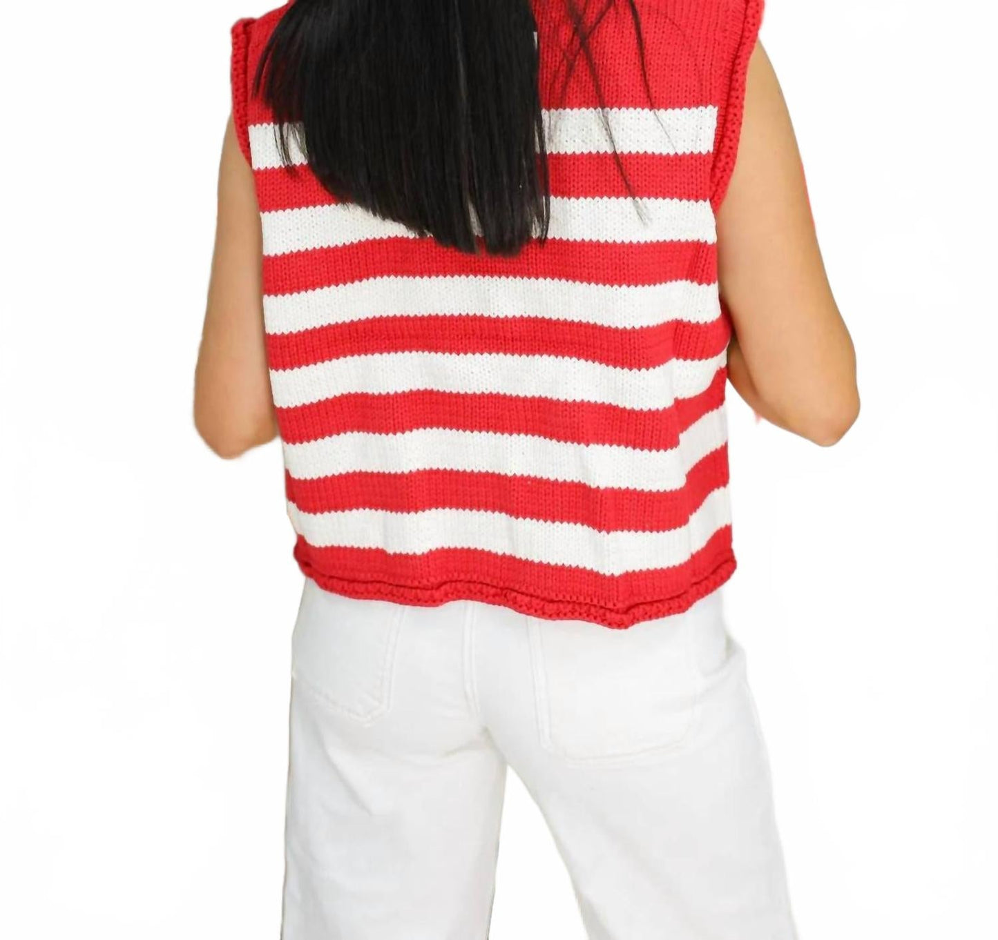 Sleeveless Striped Button Down Knit Sweater Vest In Red