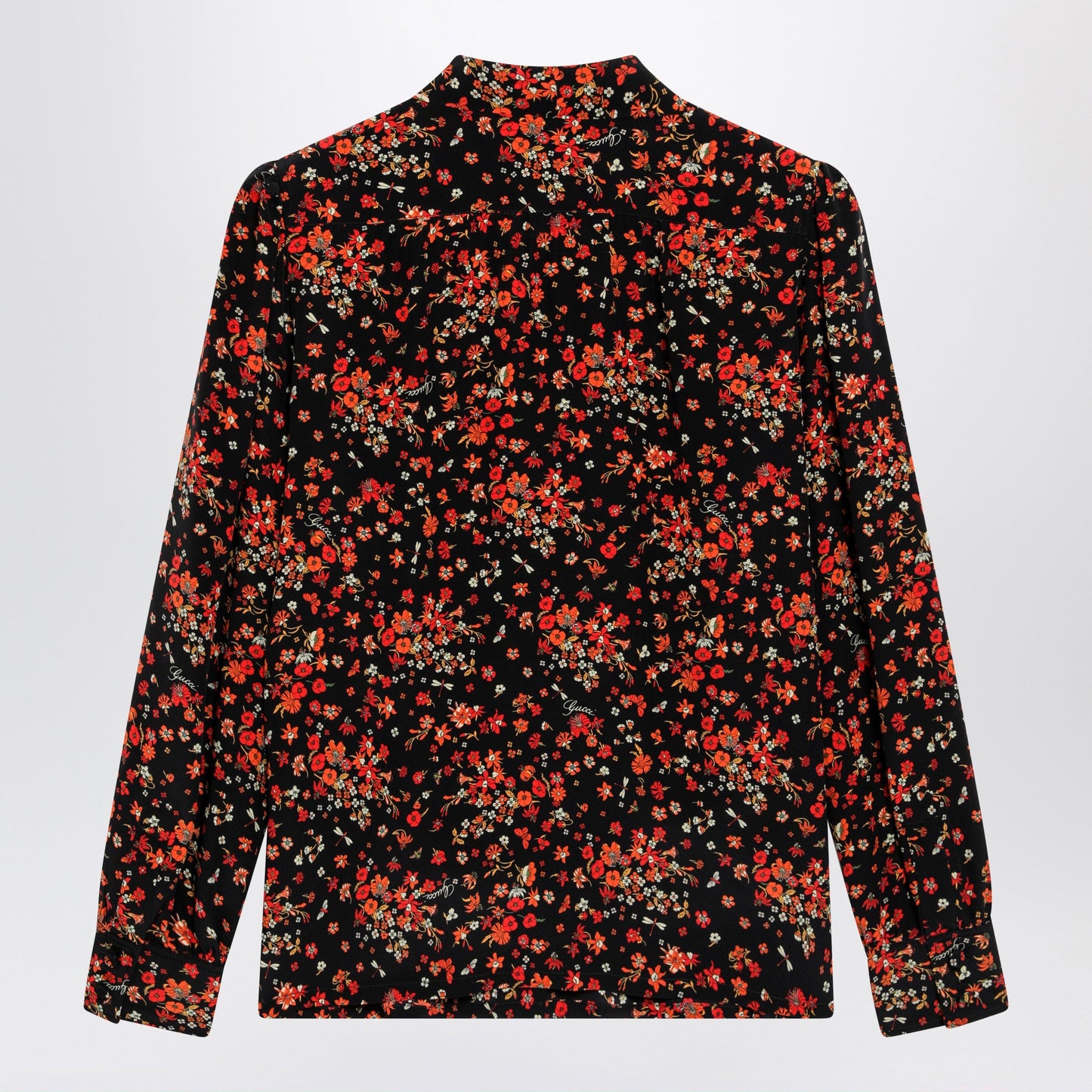 Gucci Printed Silk Shirt With Bow In Black/Red Women