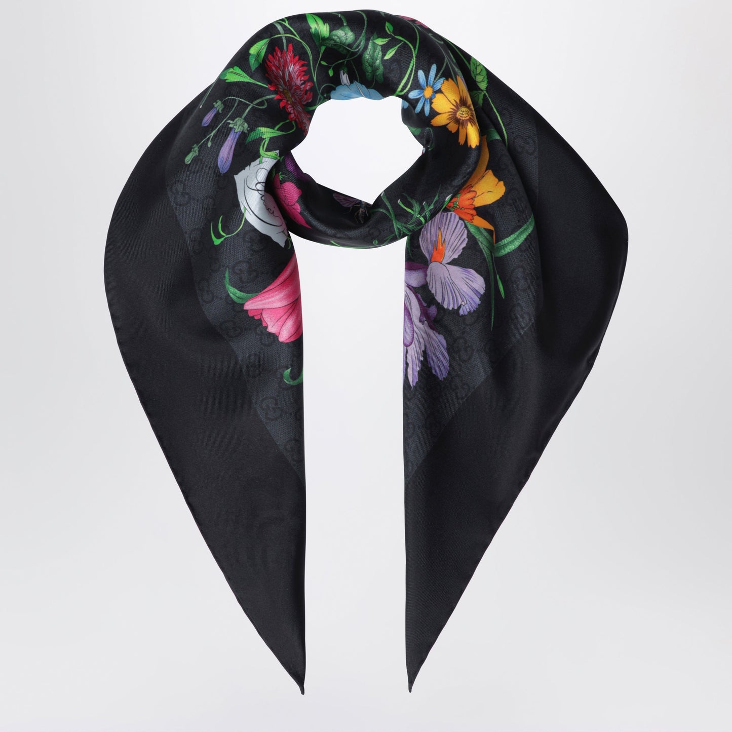 Gucci Silk Twill Carre With Gg Flora Print In Black Women
