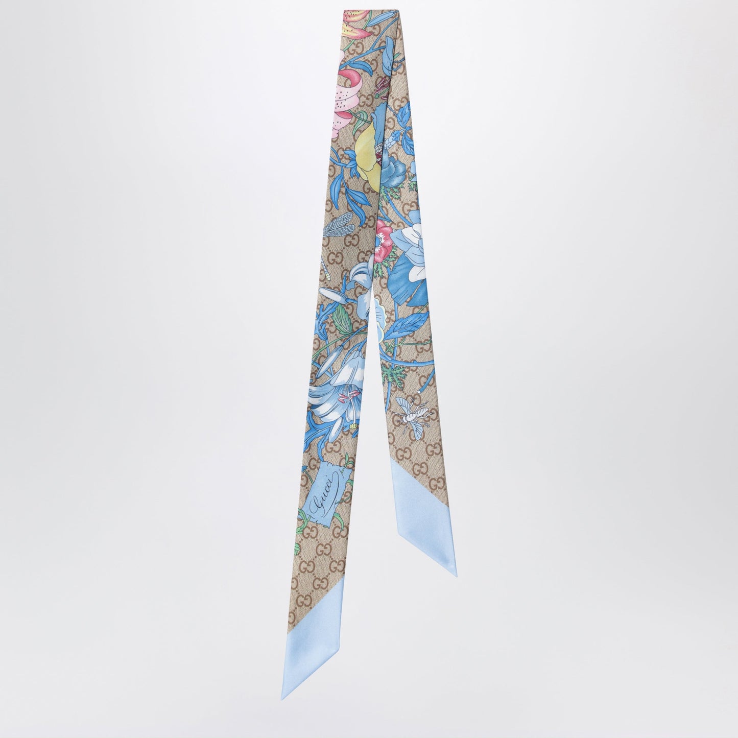 Gucci Printed Silk Ribbon With Flora Motif In Light Blue Women