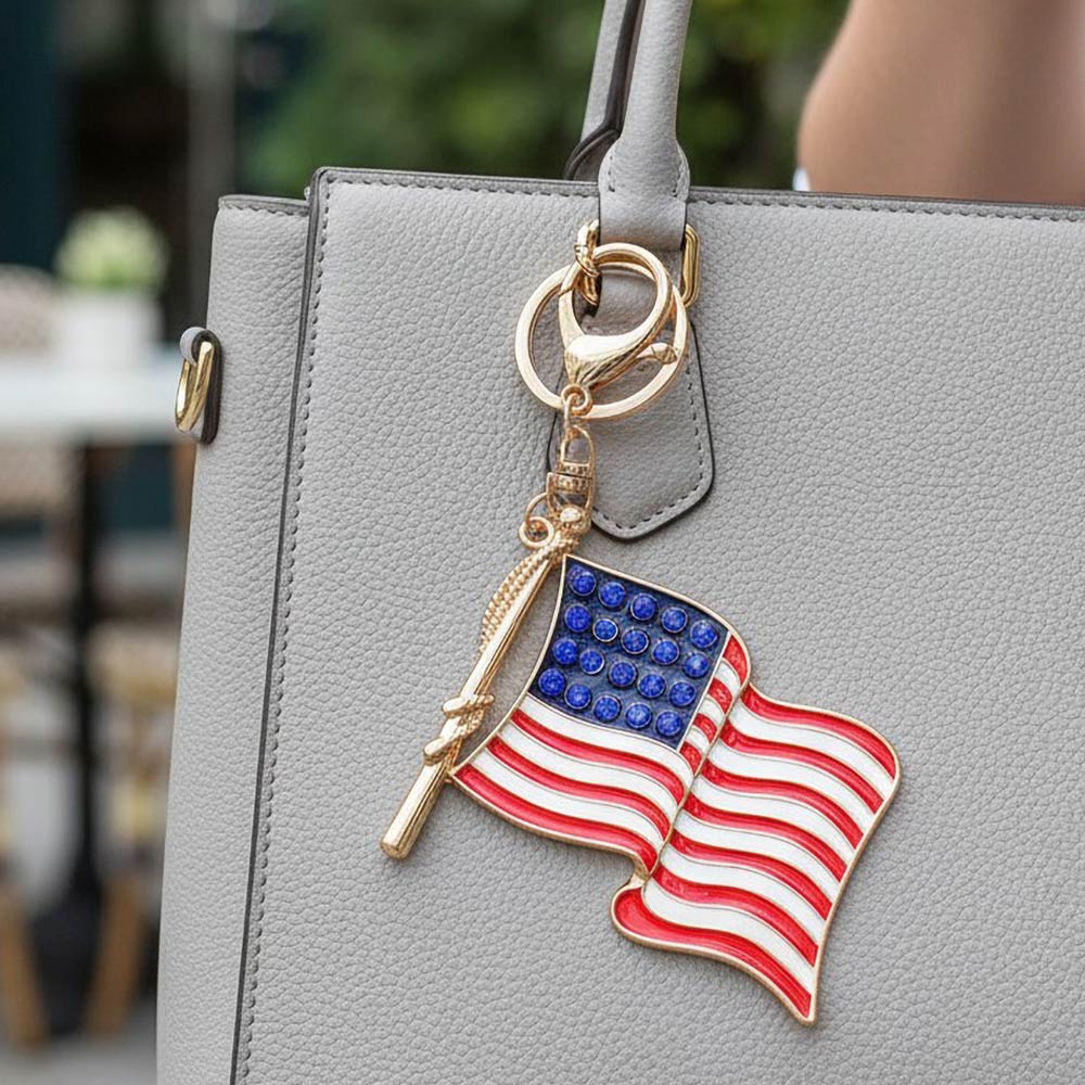 Rhinestone Accent American USA Flag Keychain Bag Charm