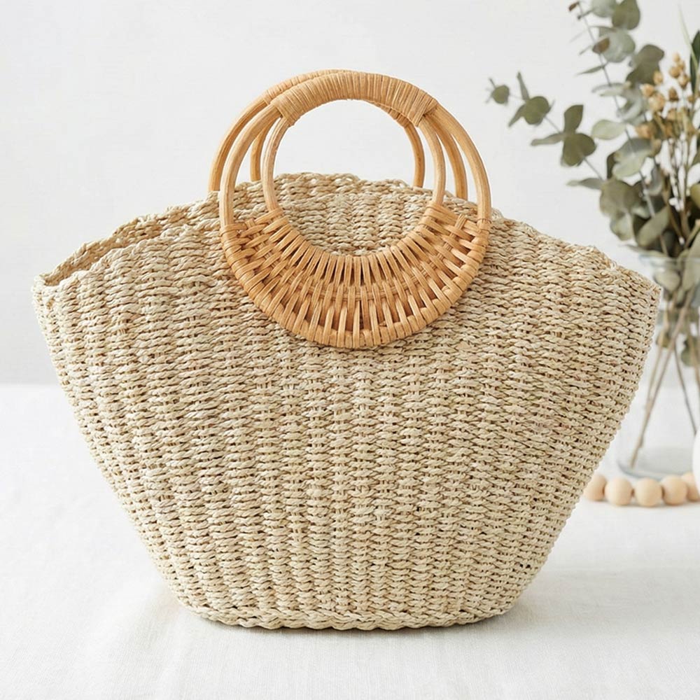 Structured Round Handle Raffia Woven Tote Handbag