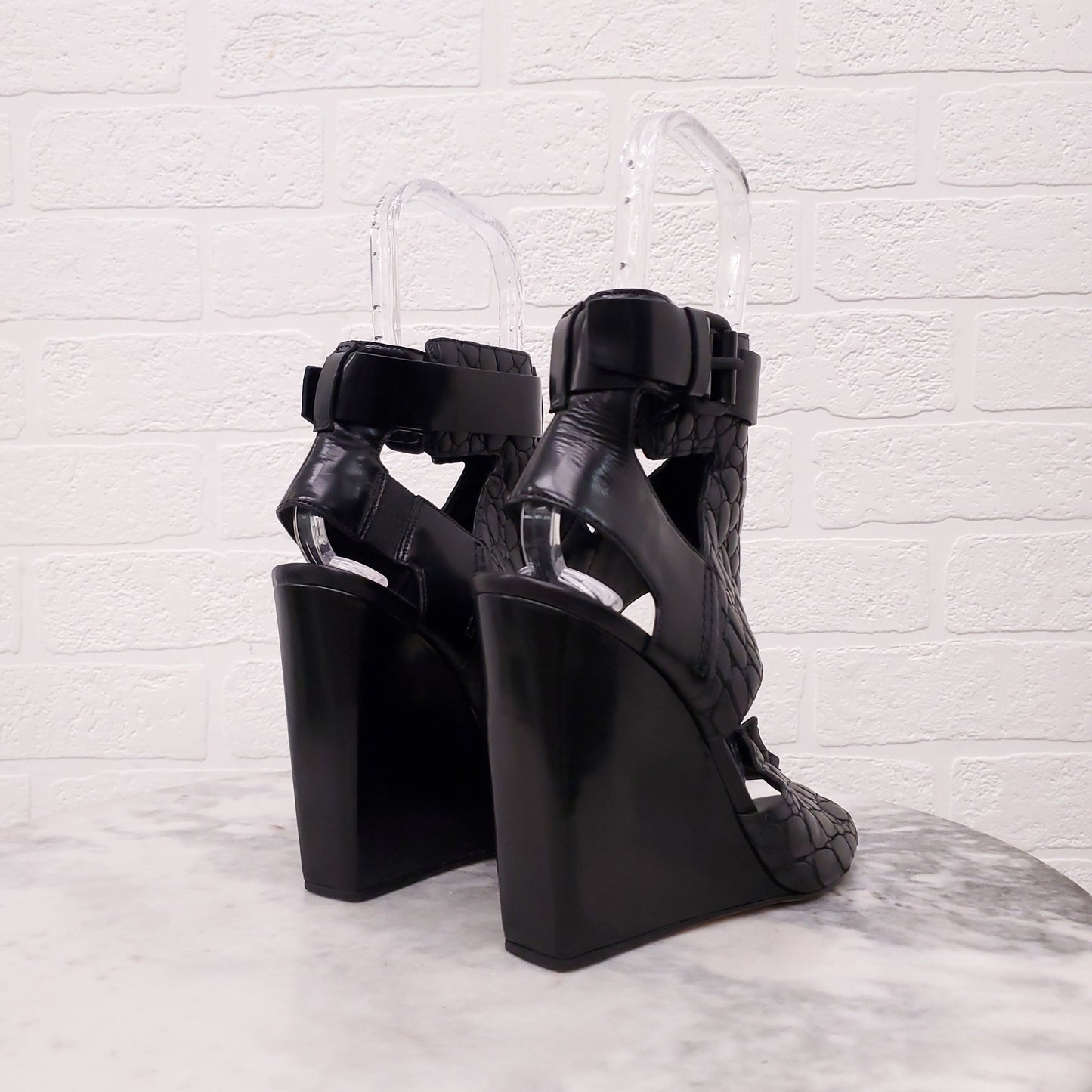 ALEXANDER WANG BLACK CROC EFFECT OPEN TOE WEDGES - SIZE 39