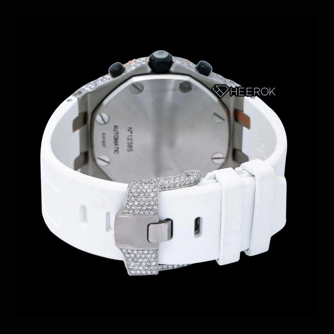 AP Royal Oak Offshore Chronograph Diamond Dial Black Standard Numerals Rose Gold Large Round Diamond Bezel White Rubber Strap Semi Iced Out Moissanite Watch