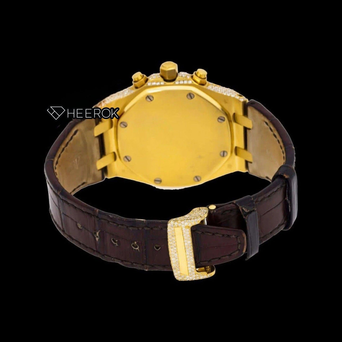 AP Royal Oak Offshore Yellow Dial Square Shape Markers Diamond Bezel Yellow Gold Moissanite Diamond Brown Leather Strap
