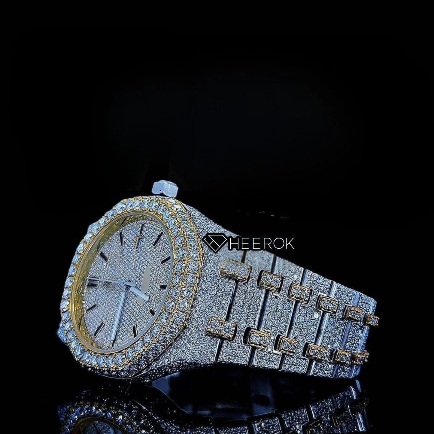 AP Royal Oak Yellow Dial Black Stick Markers Diamond Bezel Two Tone Yellow Gold Moissanite Diamond For Women