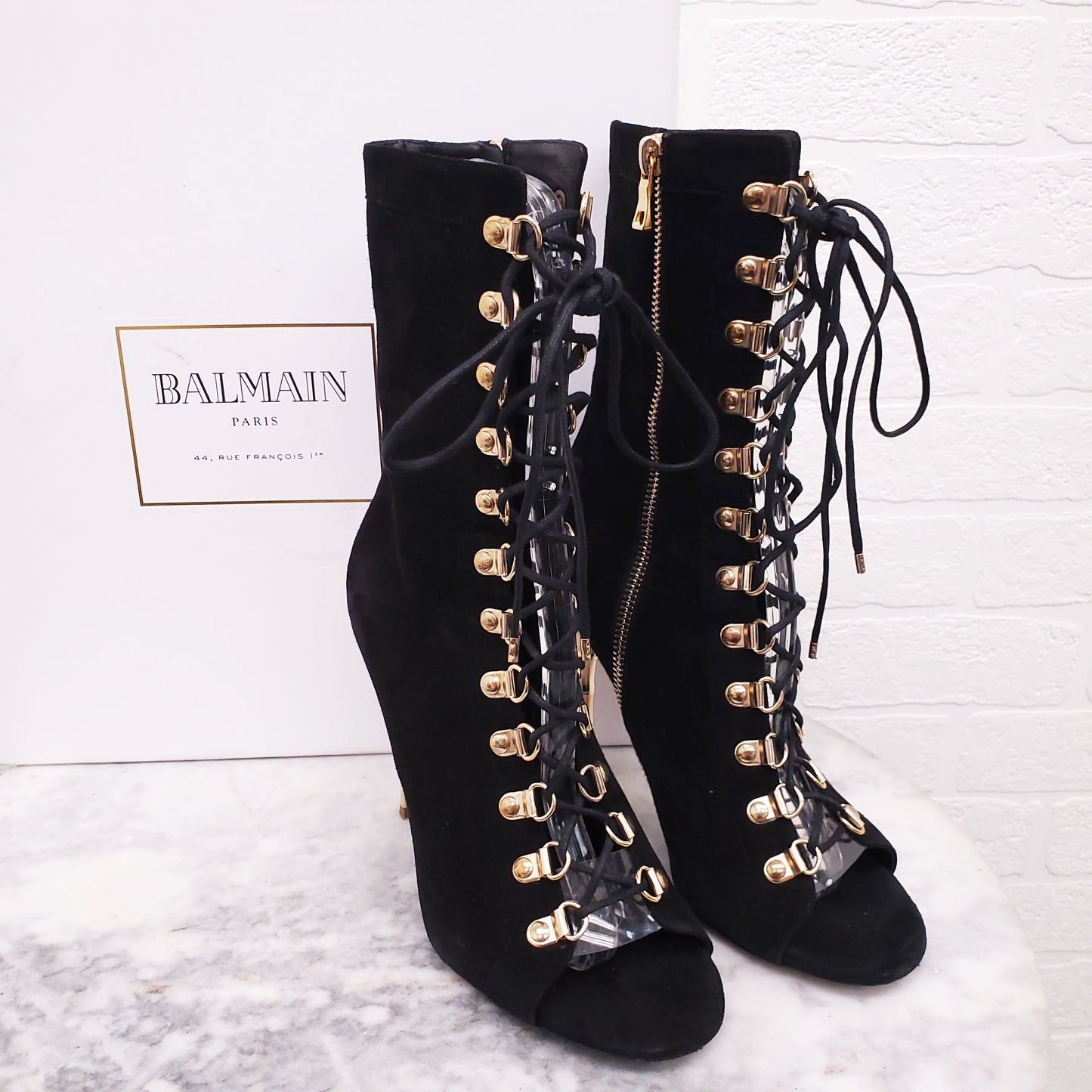 BALMAIN BLACK SUEDE LACE UP BOOTIES WITH GOLD HEEL - SIZE 37