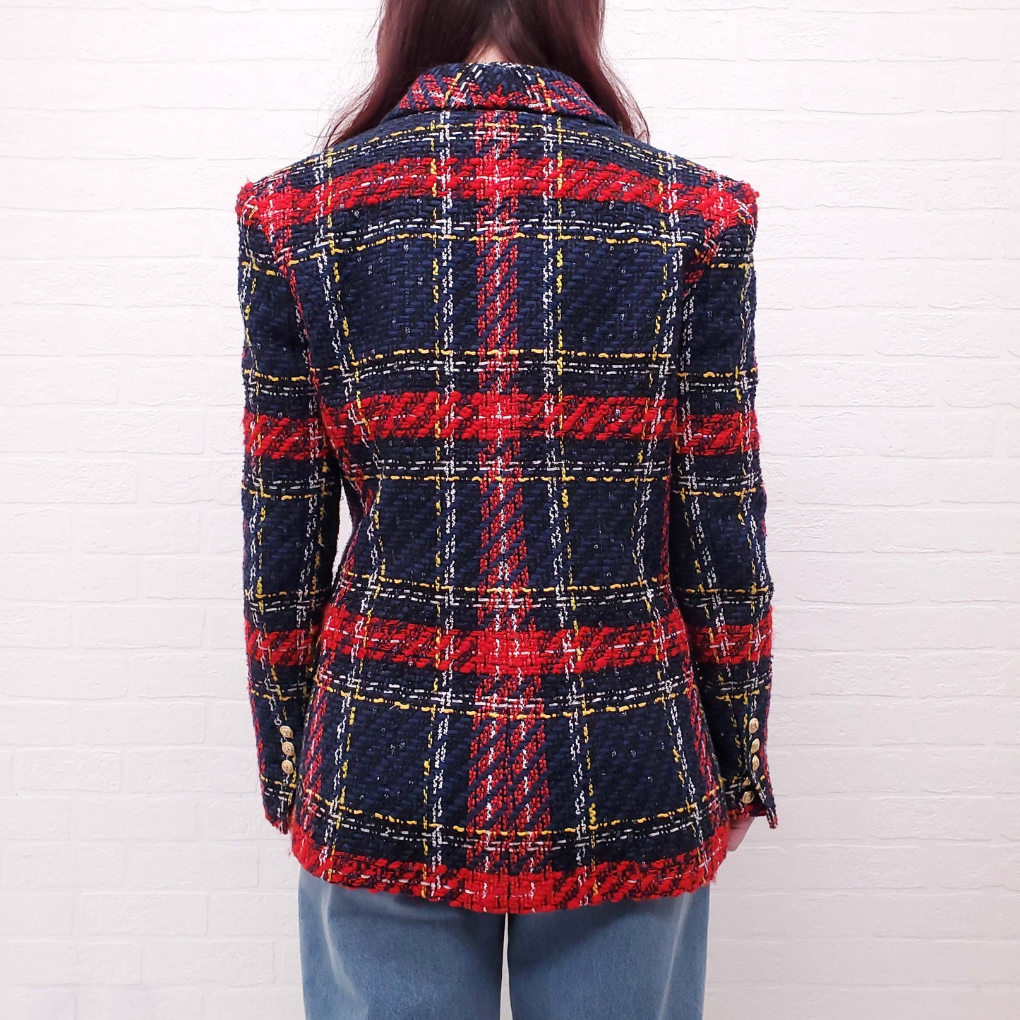 BALMAIN BLUE AND RED PLAID TWEED BLAZER - SIZE 42