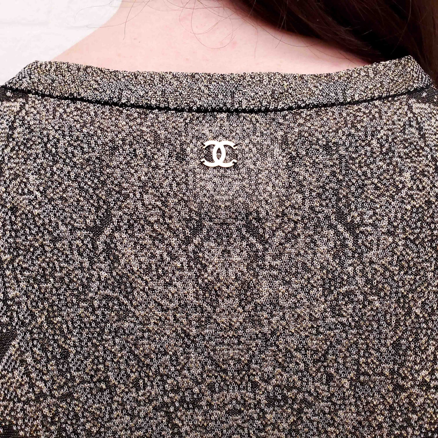 CHANEL METALLIC PATTERNED DRESS SET WITH MATCHING CARDIGAN - SIZE 40