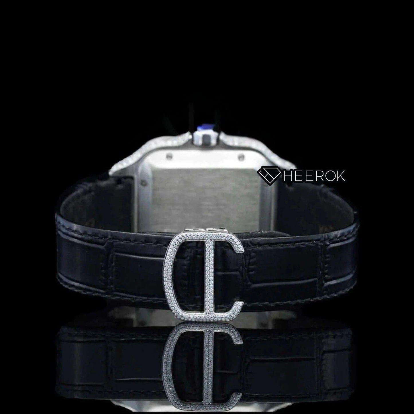 Cartier Santos Black Dial Roman Numerals Diamond Bezel Moissanite Diamond Black Leather Strap