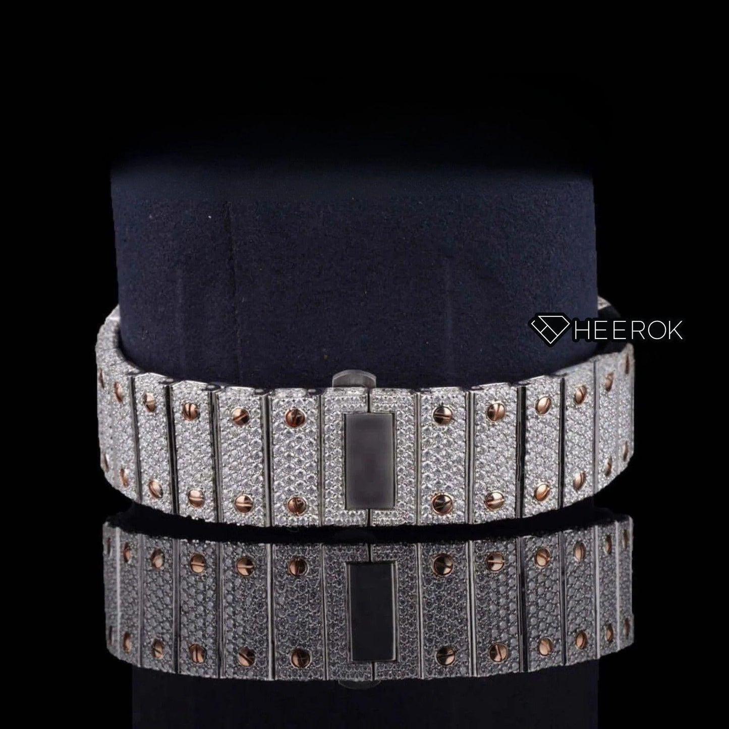 Cartier Santos Rose Gold Dial Roman Numerals Diamond Bezel Two Tone Rose Gold Fully Iced Moissanite Diamond