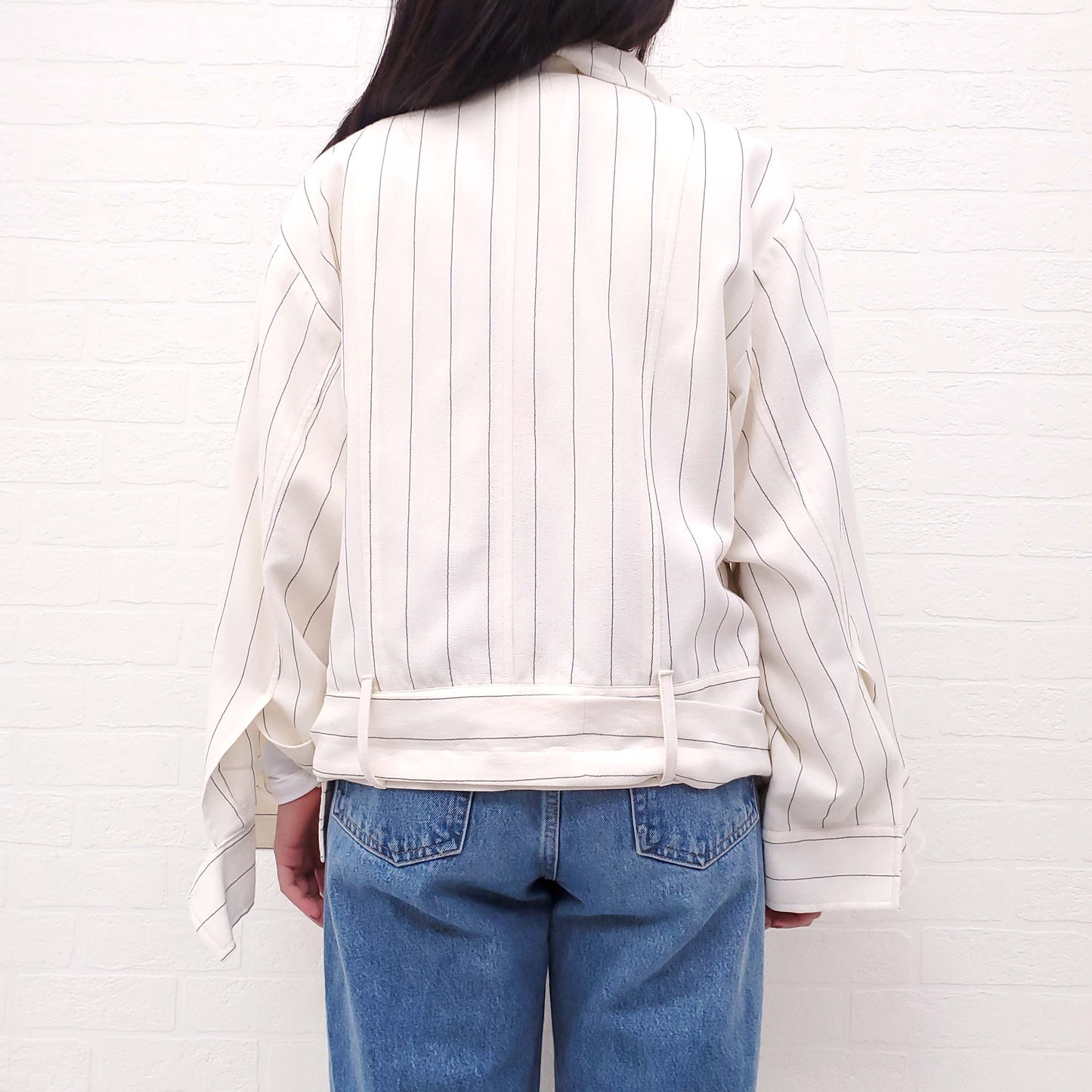 DANIEL GREGORY NATALE CREAM AND BLACK PIN STRIPE DOUBLE BREASTED FUNNEL NECK JACKET