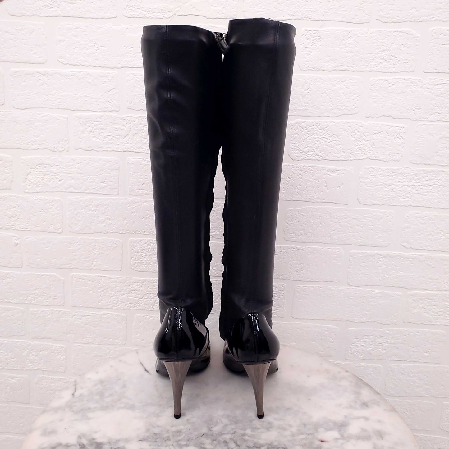 GIUSEPPE ZANOTTI LEATHER CALF BOOTS WITH PATENT DETAIL - SIZE 36.5