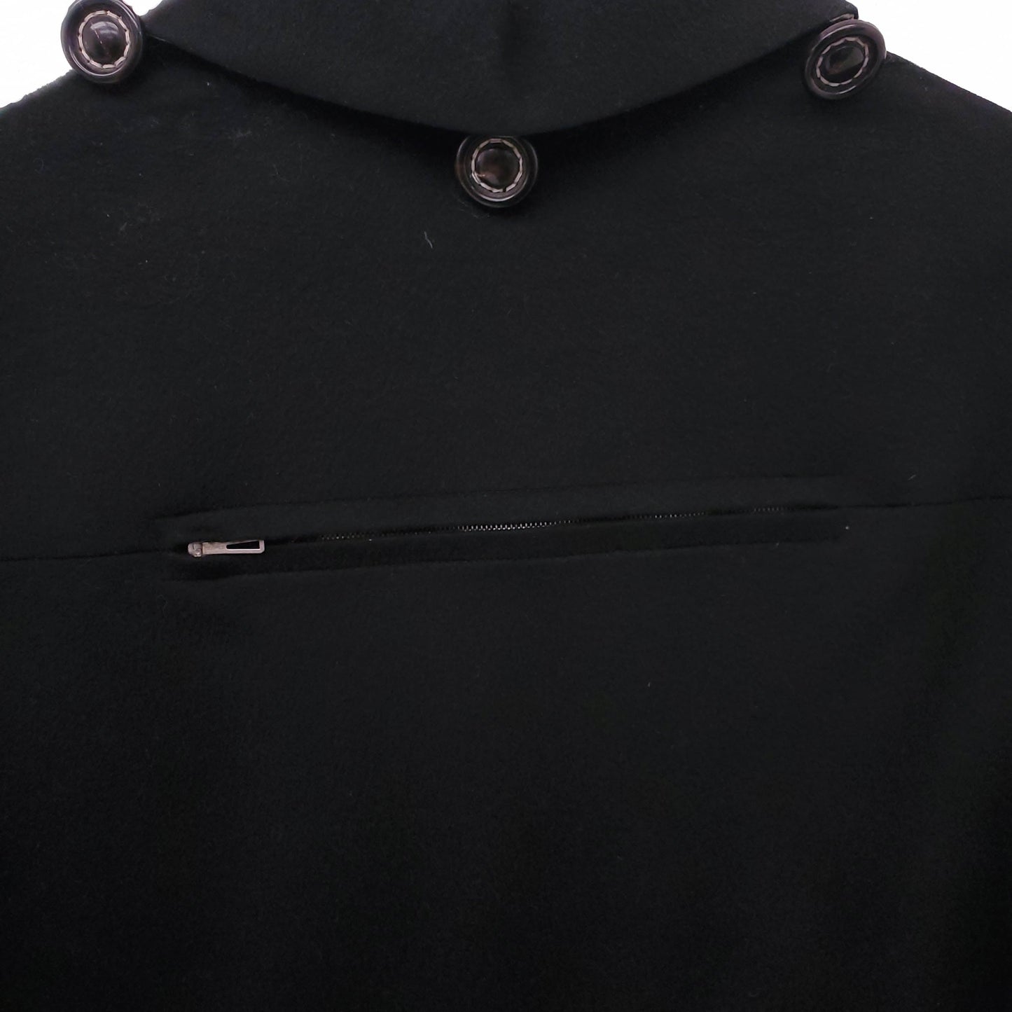 HERMÈS UNISEX VINTAGE BLACK OVERSIZED WOOL COAT WITH LOGO BUTTONS AND REMOVABLE HOOD - SIZE XS