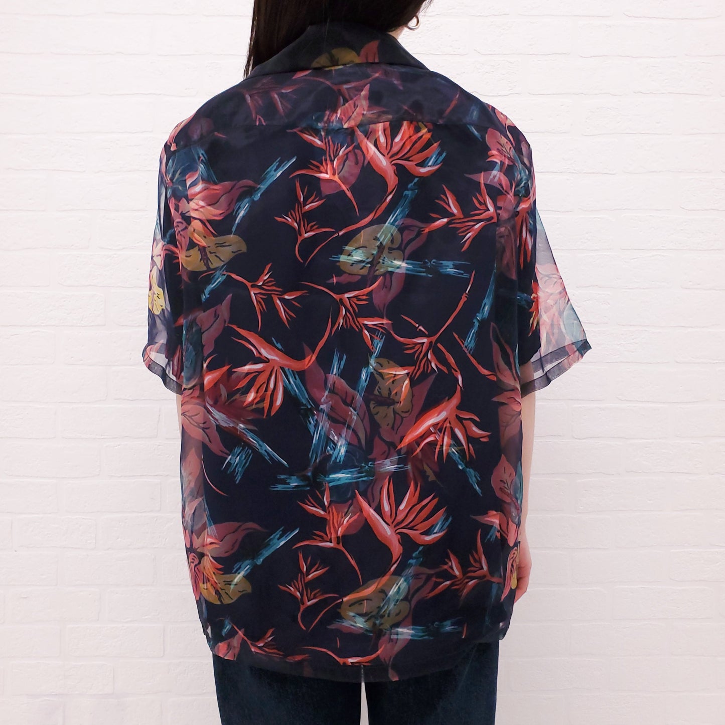 LOUIS VUITTON NAVY FLORAL SHORT SLEEVE BUTTON UP BLOUSE - SIZE M