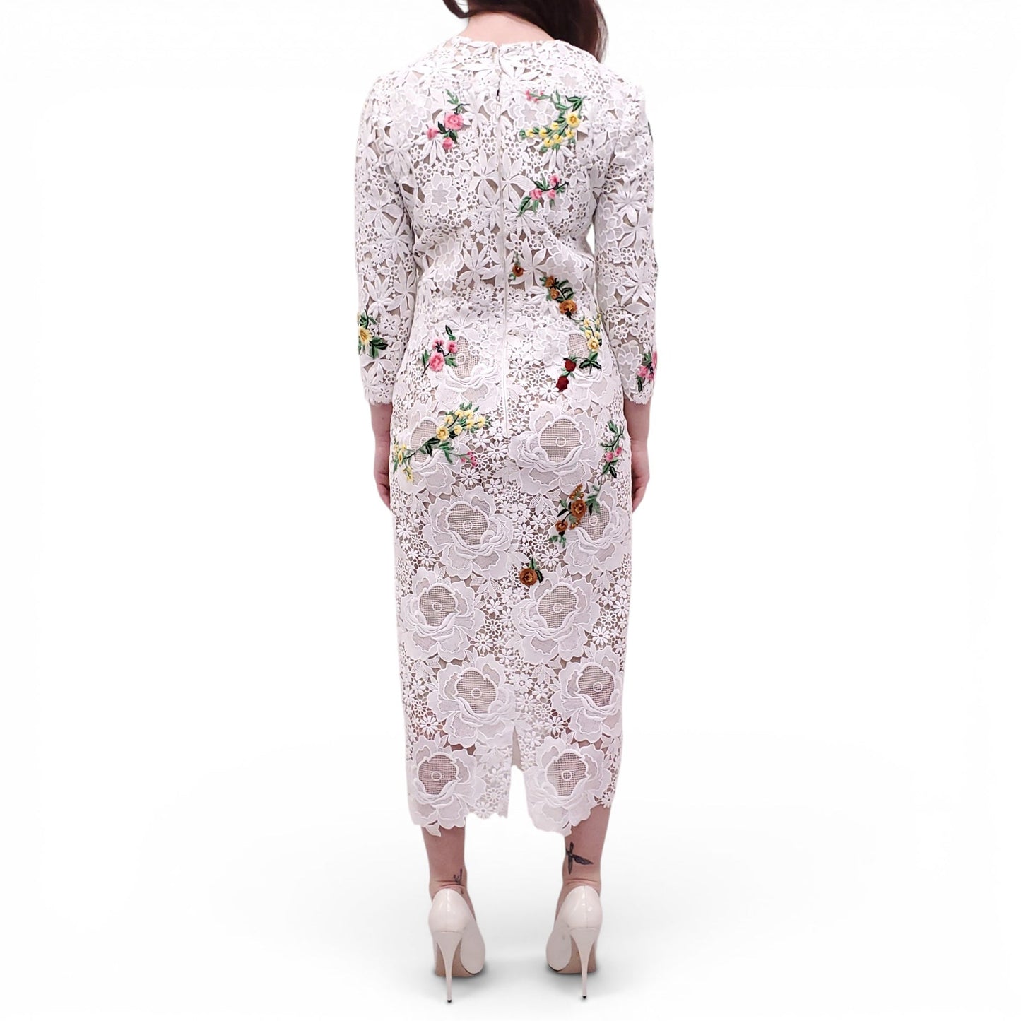 MONIQUE LHUILLIER WHITE EMBROIDERED FLORAL DRESS - SIZE 6