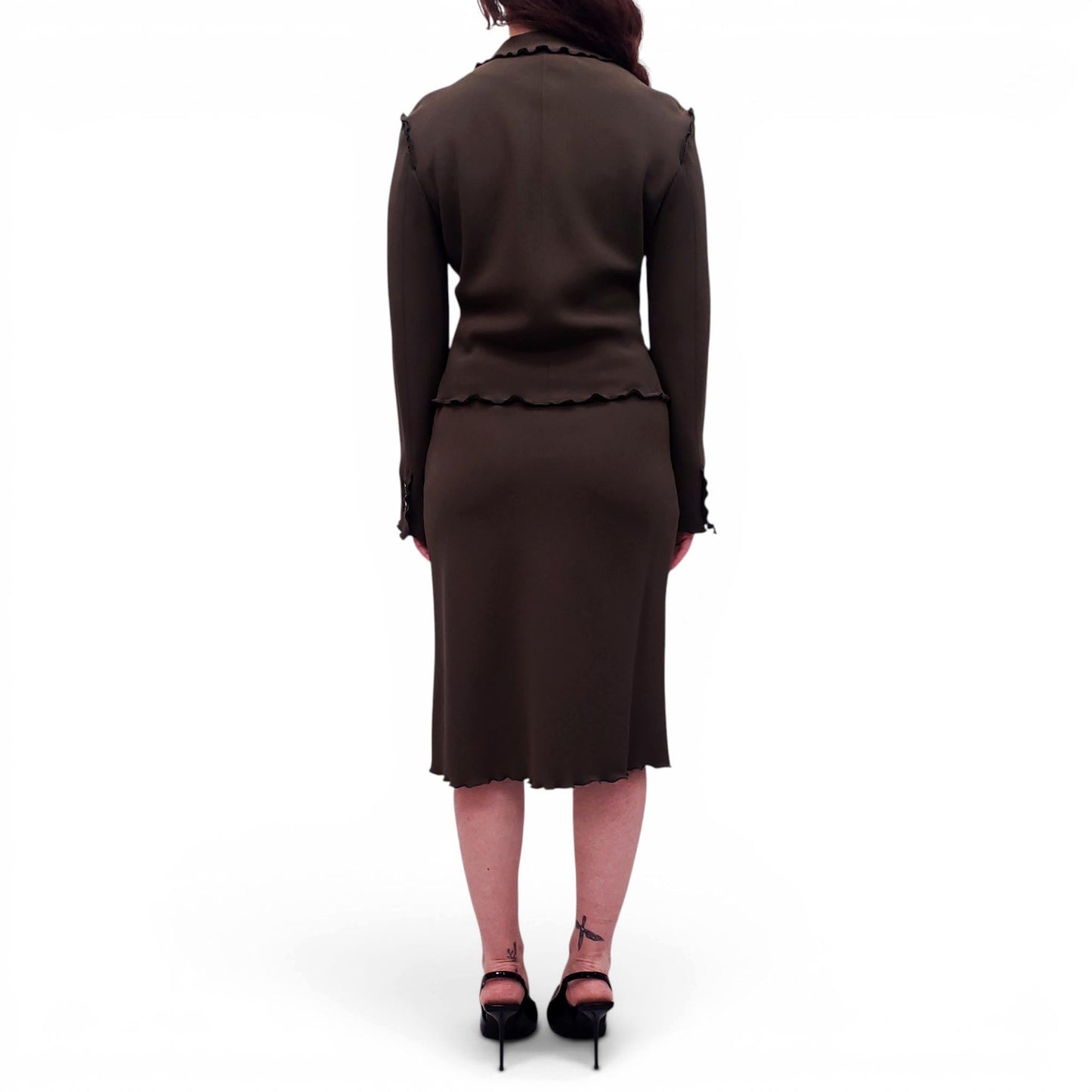 MOSCHINO ARMY GREEN RUFFLE JACKET AND SKIRT SUIT - SIZE S