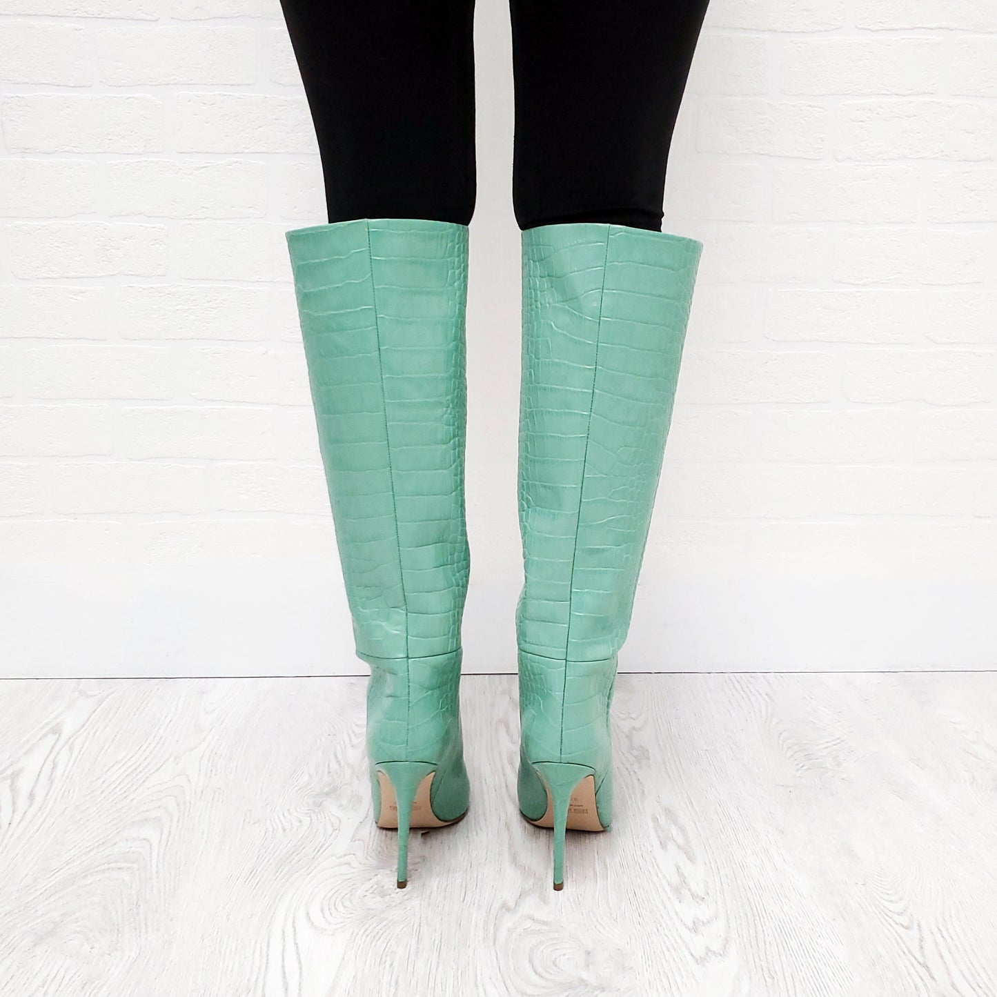 PARIS TEXAS MINT CROCODILE PRINT LEATHER BOOTS - SIZE 37.5