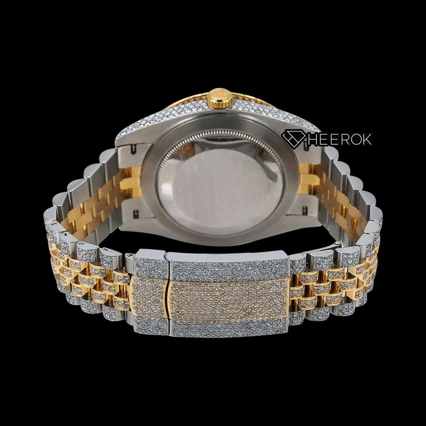 Rolex Datejust Black Dial Roman Numerals Diamond Bezel Two Tone Yellow Gold Moissanite Diamond Jubilee Bracelet Watch