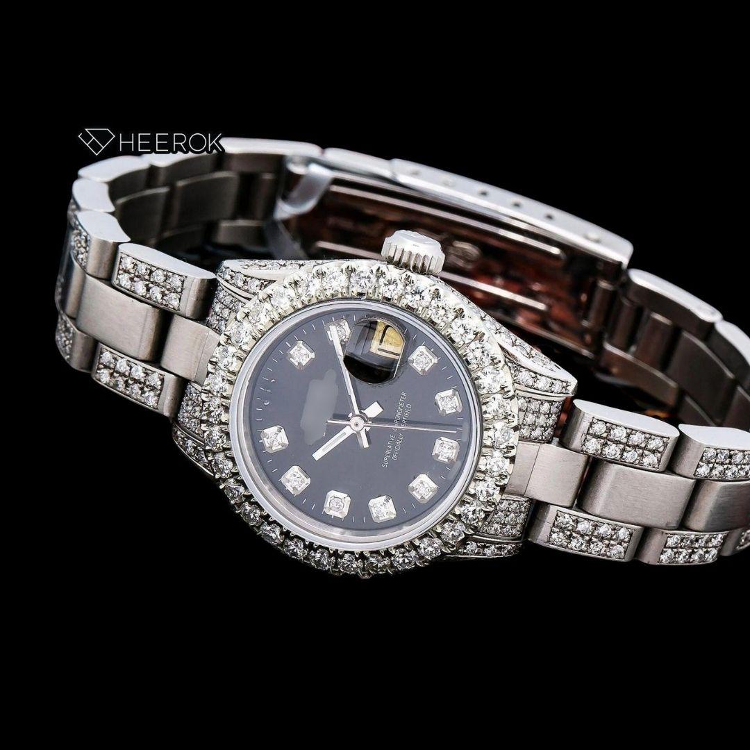 Rolex Datejust Diamond Markers Black Dial Large Diamond Bezel Semi Iced Moissanite Diamond Oyster Bracelet For Women