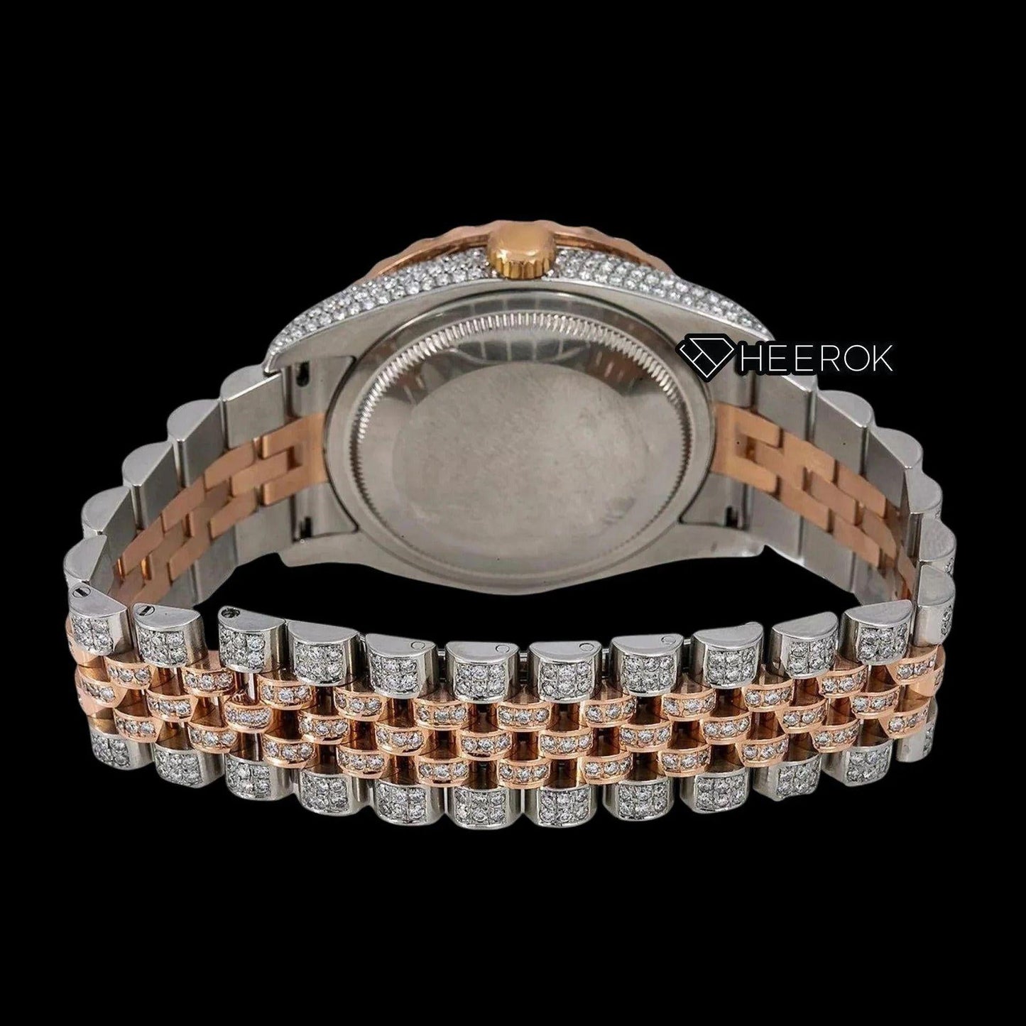 Rolex Datejust Diamond Paved Rose Gold Dial Red Arabic Numerals Diamond Bezel Two Tone Rose Gold Fully Iced Moissanite Diamond Jubilee Bracelet For Women