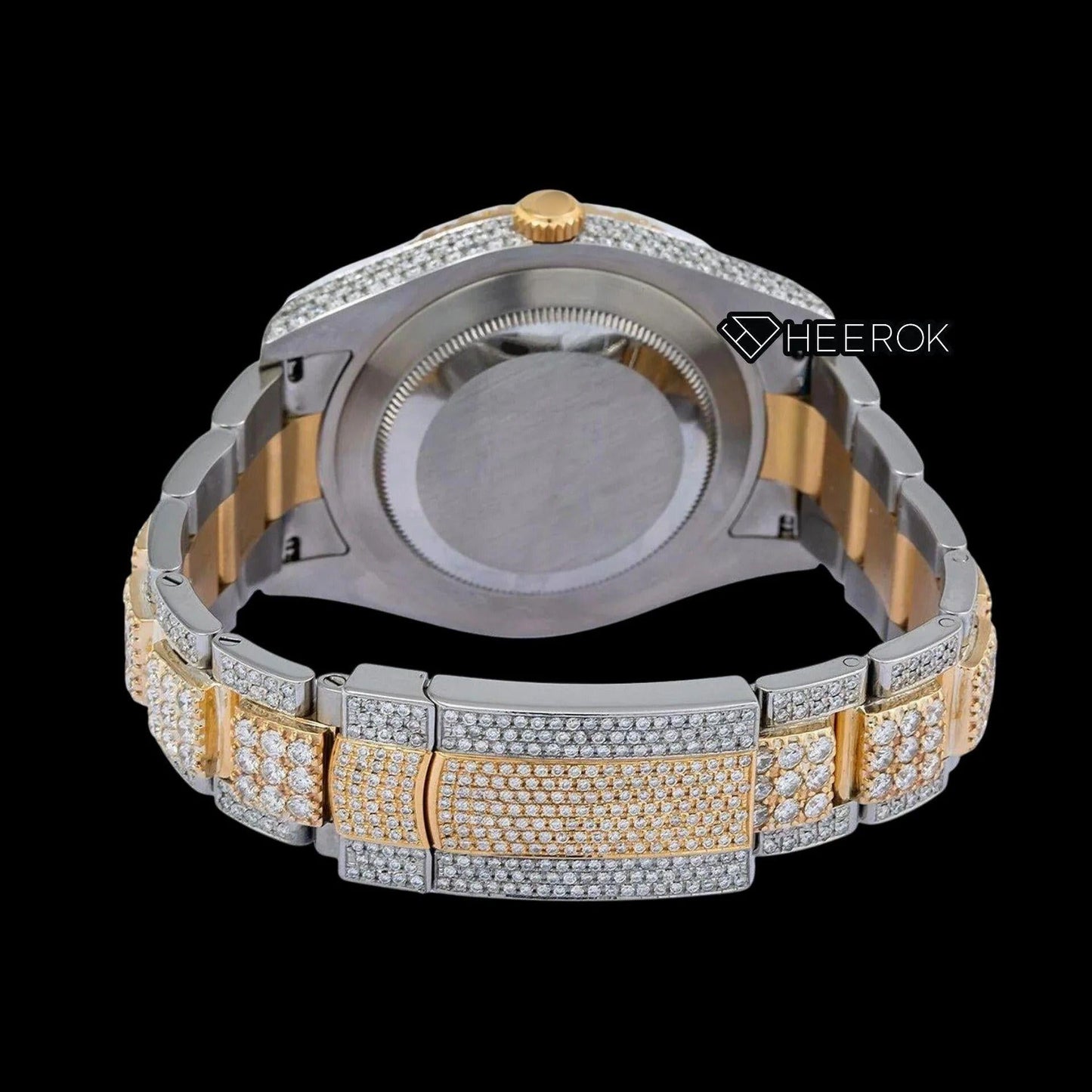 Rolex Datejust Diamond Paved Yellow Dial Roman Numerals Diamond Bezel Two Tone Yellow Gold Bust Down Moissanite Diamond Oyster Bracelet Watch