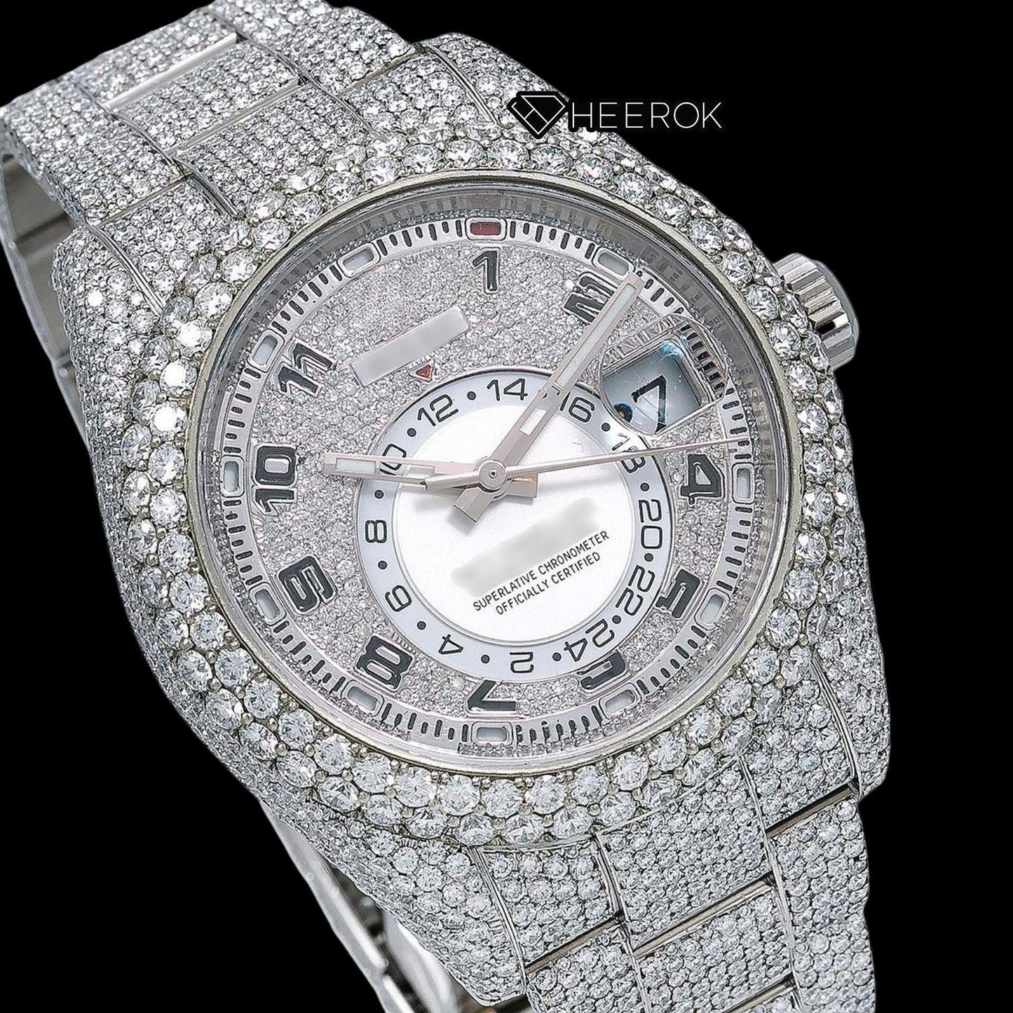 Rolex Sky-Dweller Diamond Paved Dial Standard Numerals Diamond Bezel Fully Iced Out Moissanite Diamond Oyster Bracelet Watch