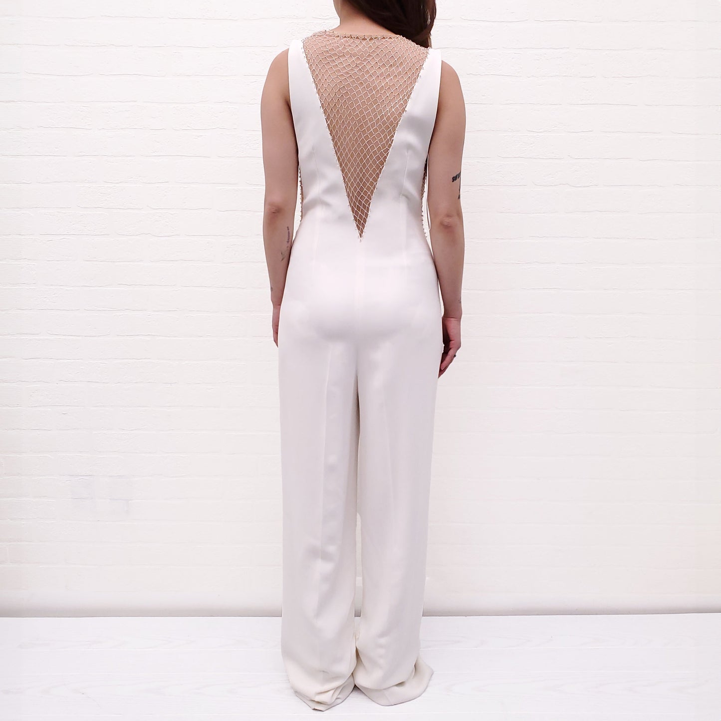STELLA MCCARTNEY WHITE CRYSTAL MESH DEEP V JUMPSUIT - SIZE 38