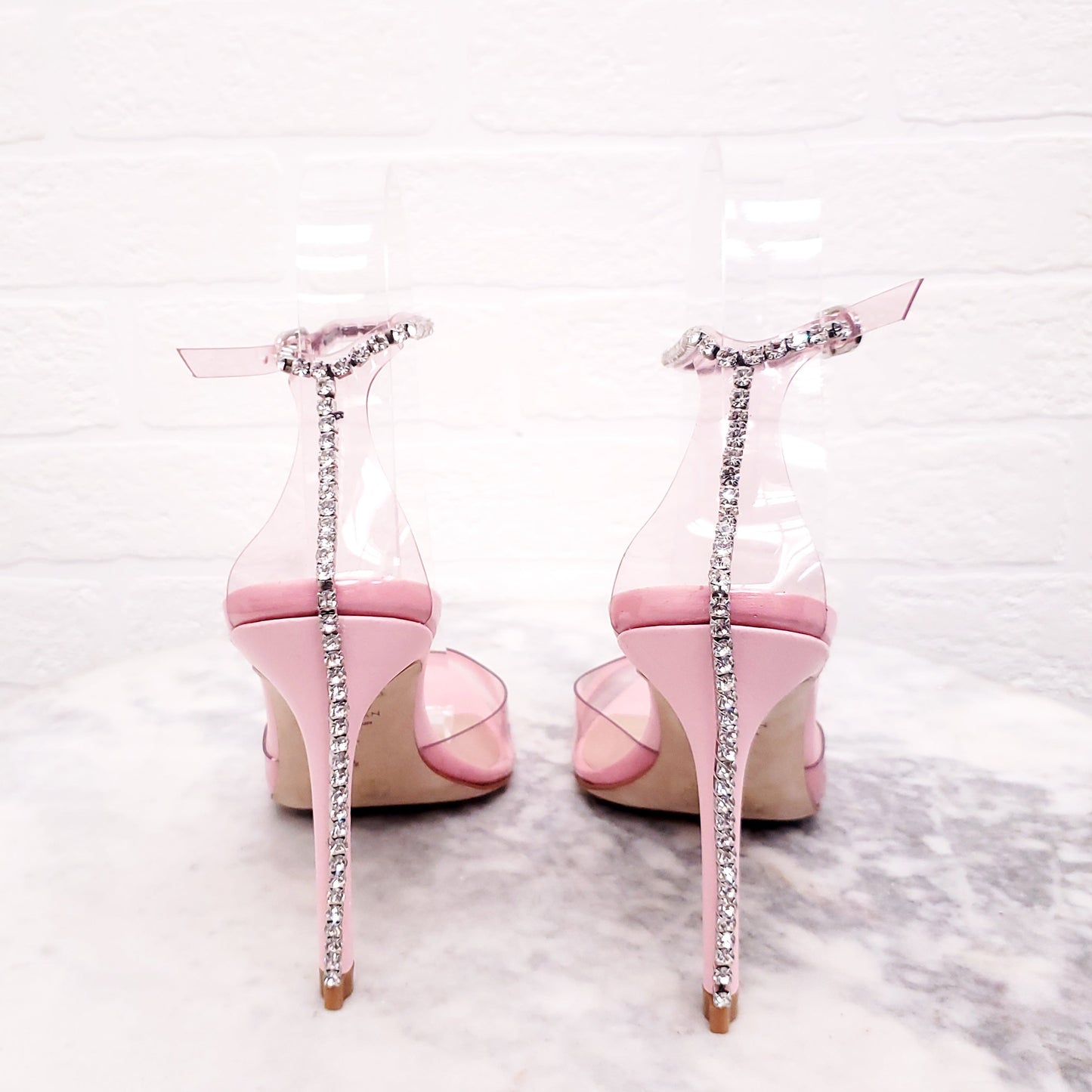 STUART WEITZMAN PINK PVC CRYSTAL 'GLAM 100' HEELS - SIZE 6.5B