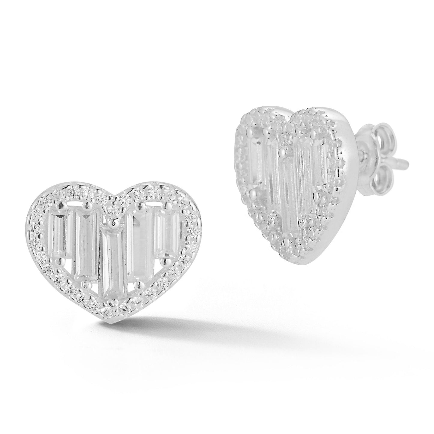 Sterling Silver Baguette Heart Studs