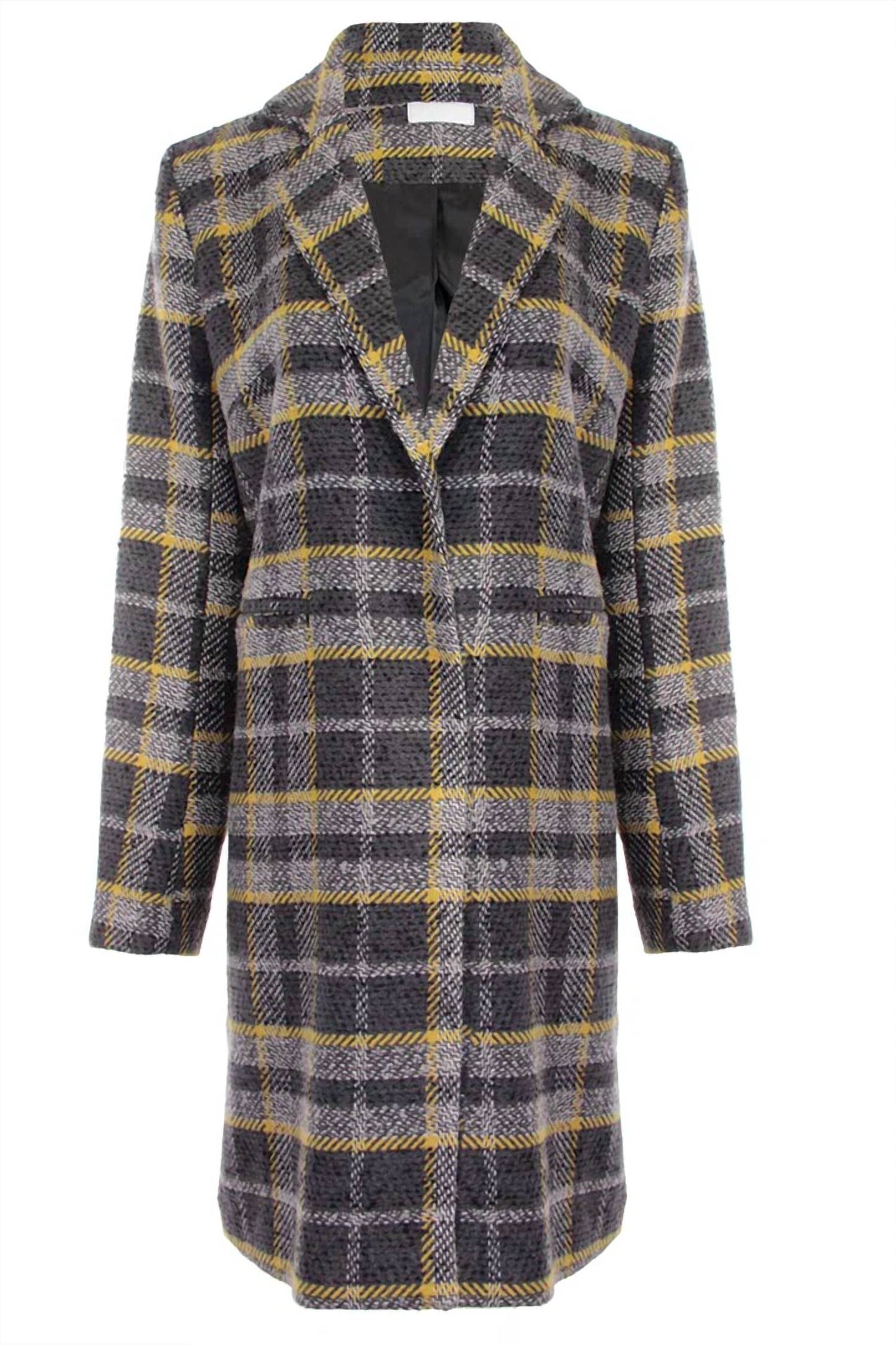 Long Plaid Coat With Detachable Fur Collar In Yellow/grey