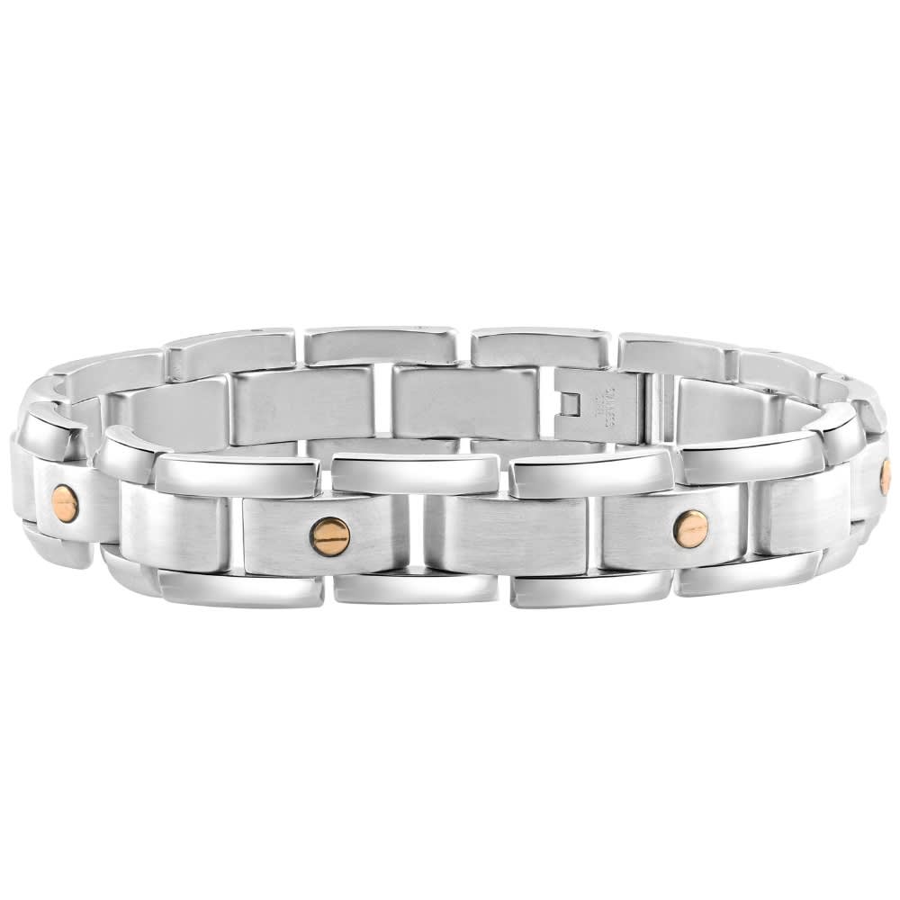 Men's Polished Steel Two Tone Gold Screwed 12mm Link 8.5 " Bracelet