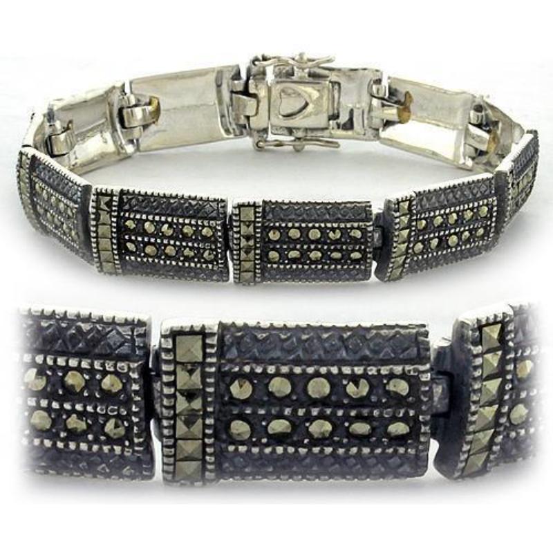 Antique Tone 925 Sterling Silver Bracelet with Semi-Precious Marcasite in Jet