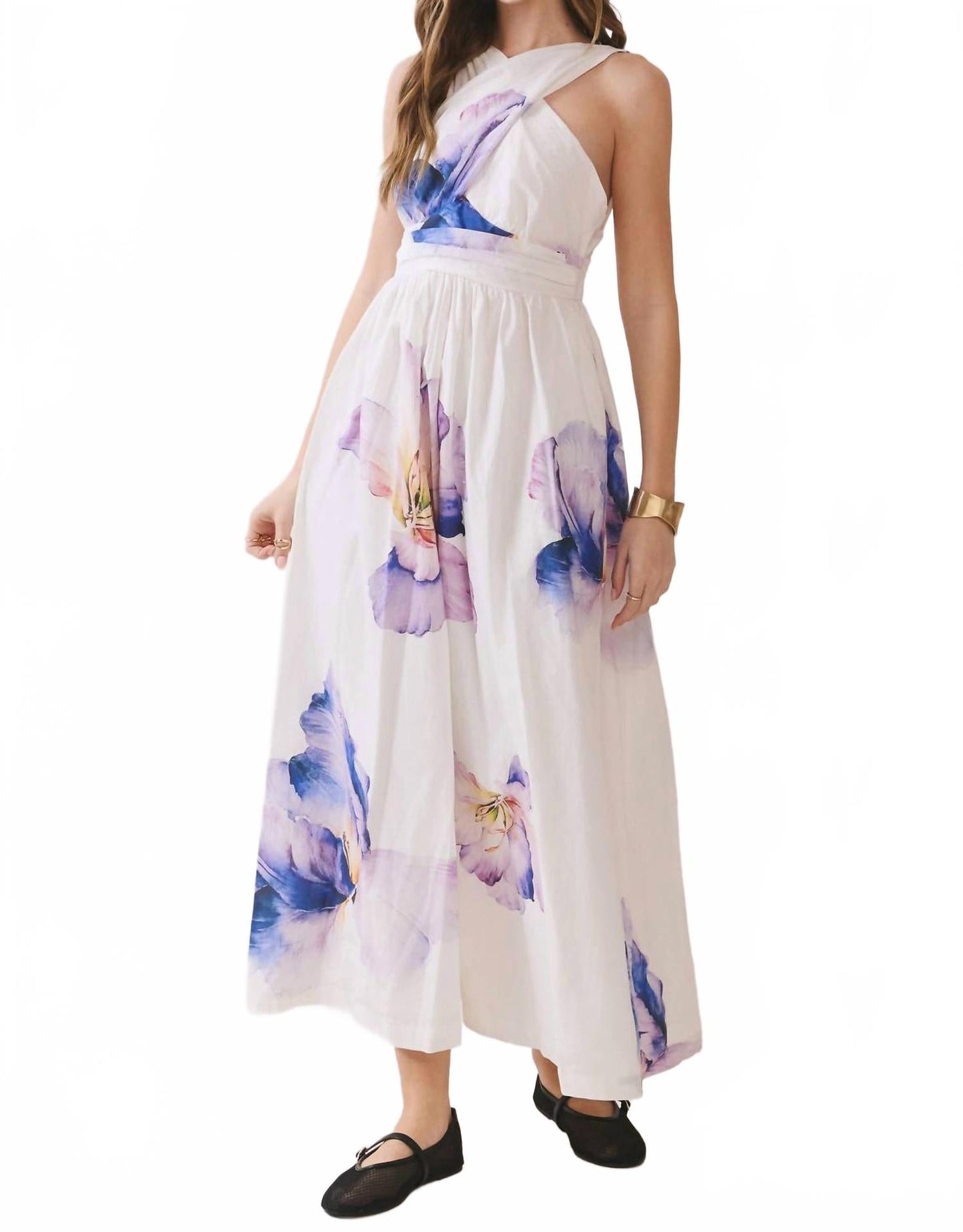 Floral Print Cross Halter Neck Midi Dress In Off White
