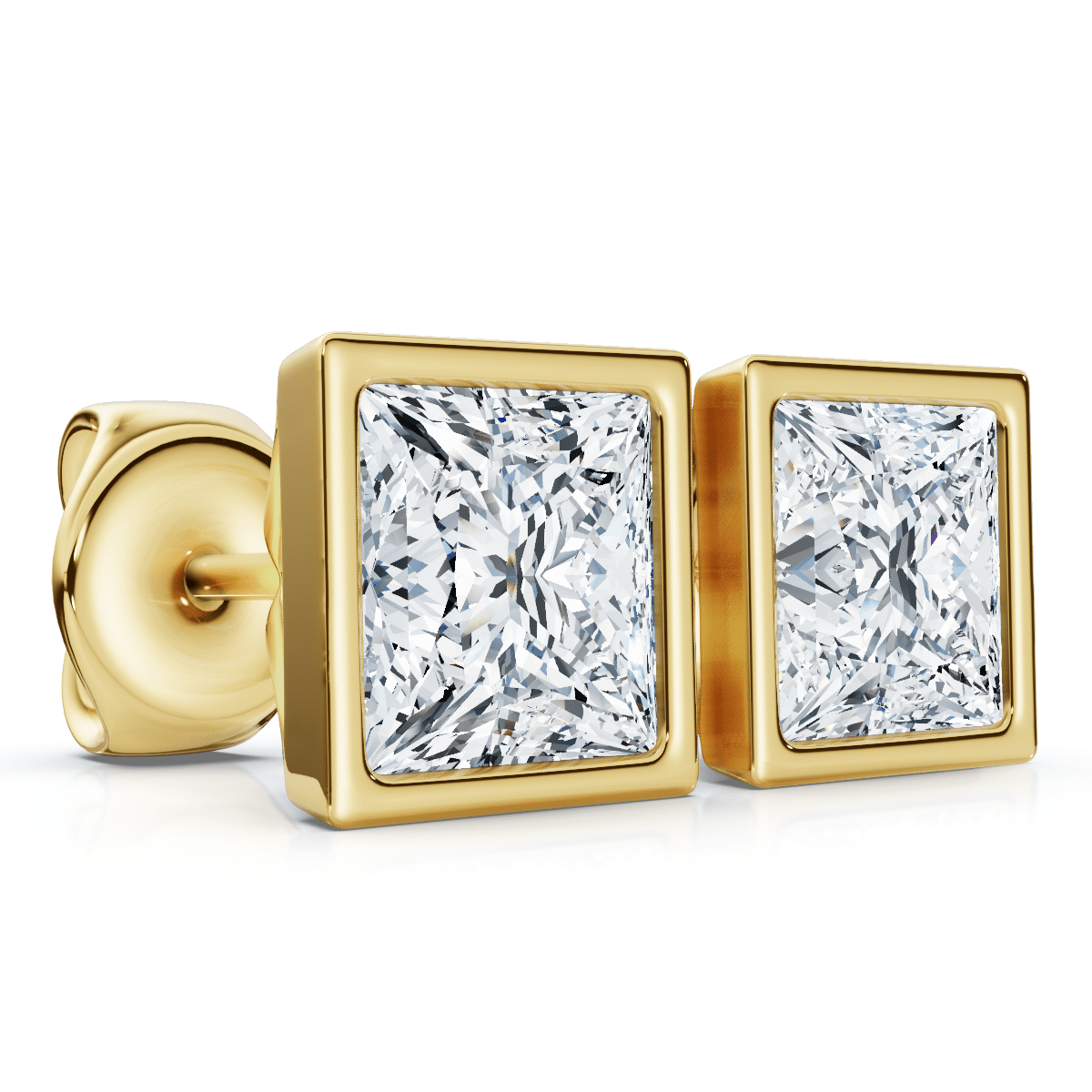 Princess Cut Diamond Bezel Set Studs 14k Gold Lab Grown Size: Small