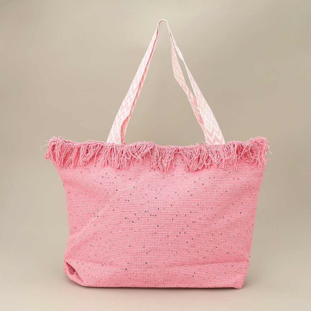 Sequin Embellished Large Woven Frayed Shoulder Tote Bag