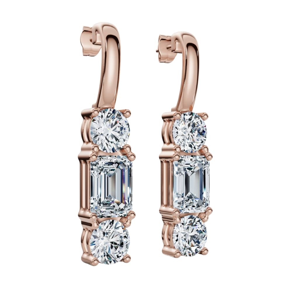 6Ct Emerald & Round Cut Diamond Earrings 14k Gold Lab Grown 1 1/3" Tall
