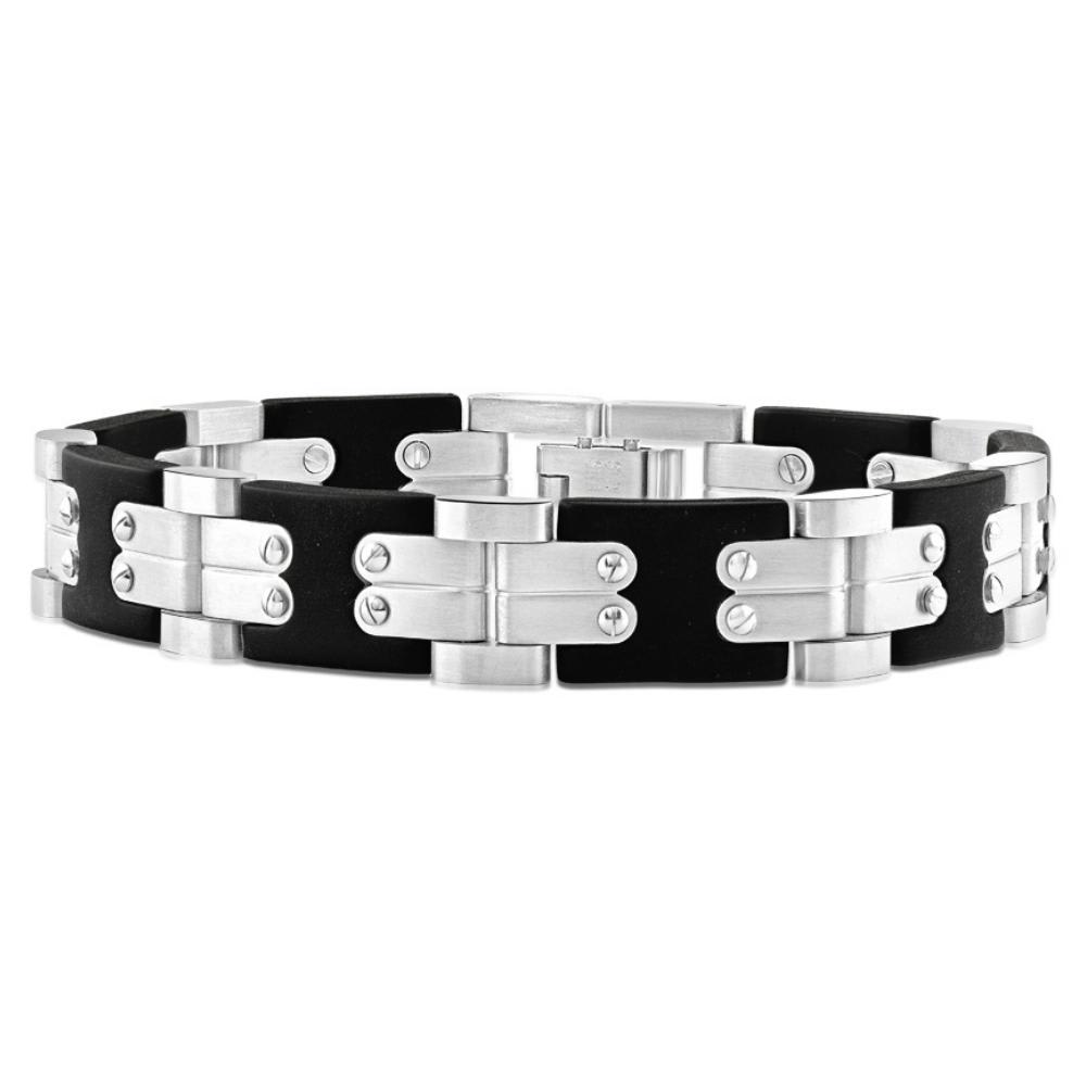 Men's Polished Steel Brushed Black Two Tone Flexible 12mm Link 8 " Bracelet
