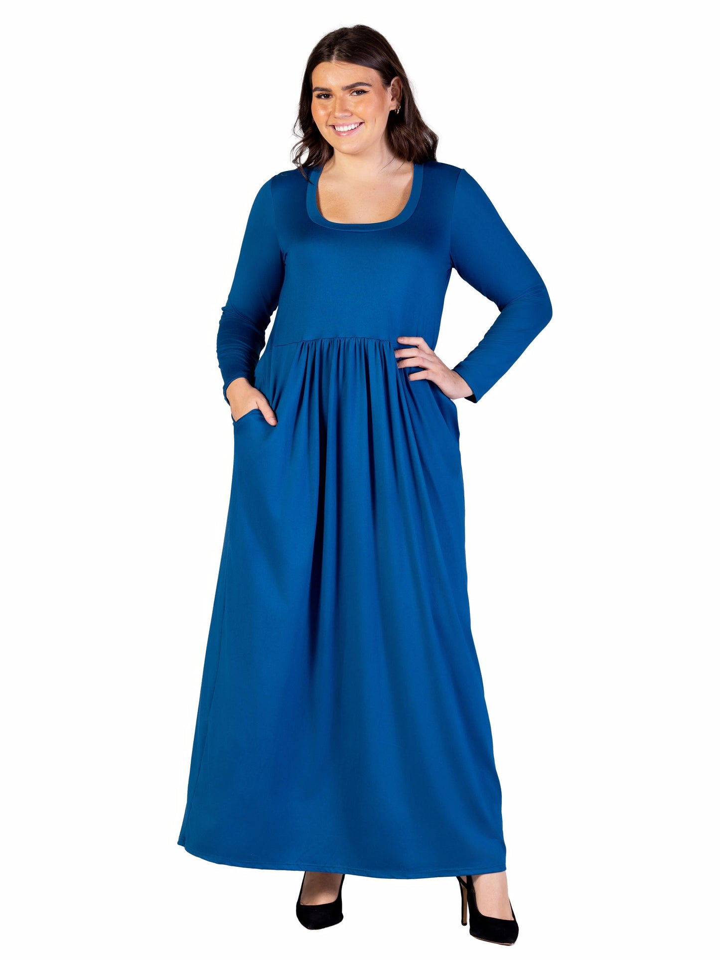 24seven Comfort Apparel Plus Size Long Sleeve Empire Waist Pocket Maxi Dress